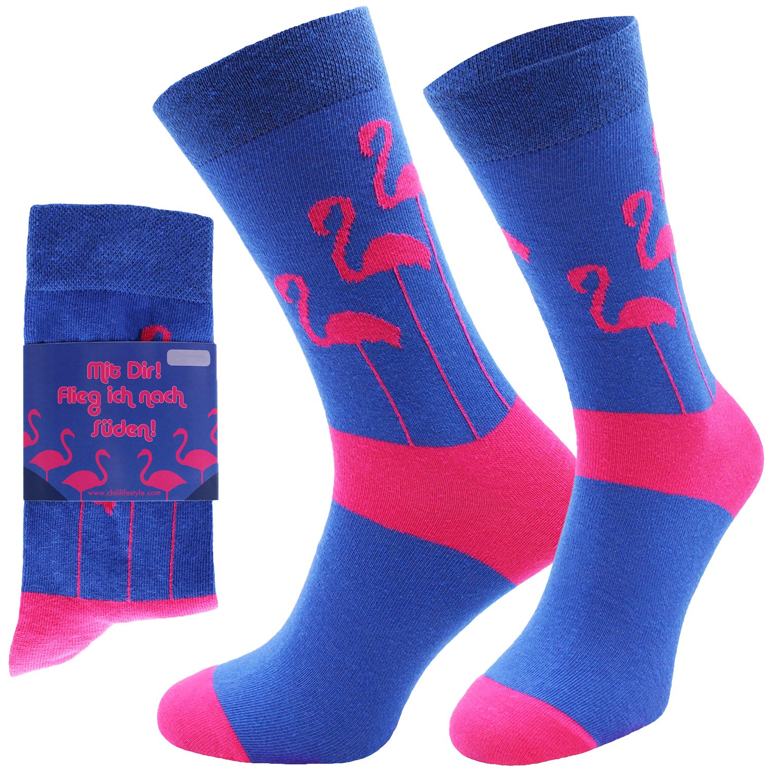 Chili Lifestyle Freizeitsocken FLAMINGO Lustige Socken mit Spruch Banderole als Geschenksocken (Paar, 1-Paar, Mit Spruchbanderole) Weichbund ohne Gummidruck