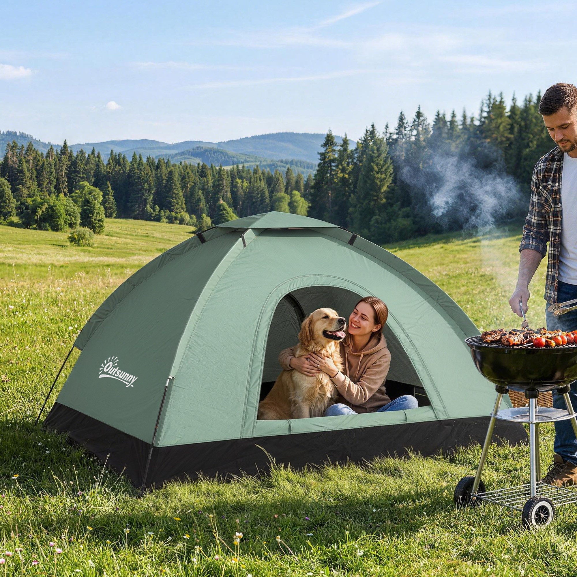 Outsunny Kuppelzelt Familienzelt wasserdicht, Campingzelt mit 2000mm Wassersäule, Personen: 2 (Campingzelt für 2 Personen, 1 tlg., Gruppenzelt), für Camping Reise Trekking Garten