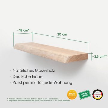 Rikmani Wandregal Holz Eiche massiv - Handgefertigtes Regal mit Baumkante Bücherregal Holzregal Wandboard LEO, Made in Germany