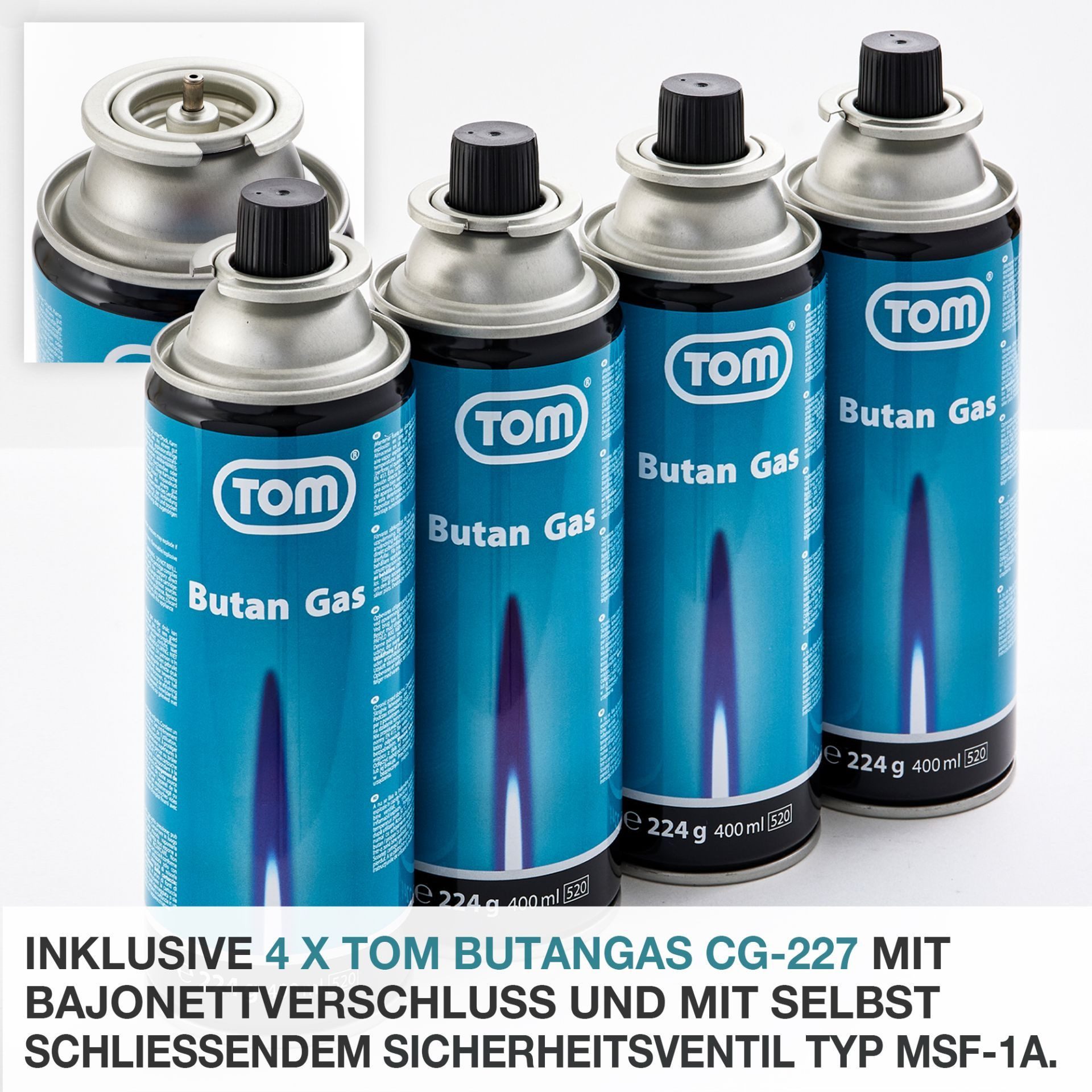 TOM Gaskocher Campingkocher Edelstahl mit 227g Gaskartuschen und Box 2,2kW, (5-St), Piezozündung, Stufenlos Regulierbar, verschiedene Sets