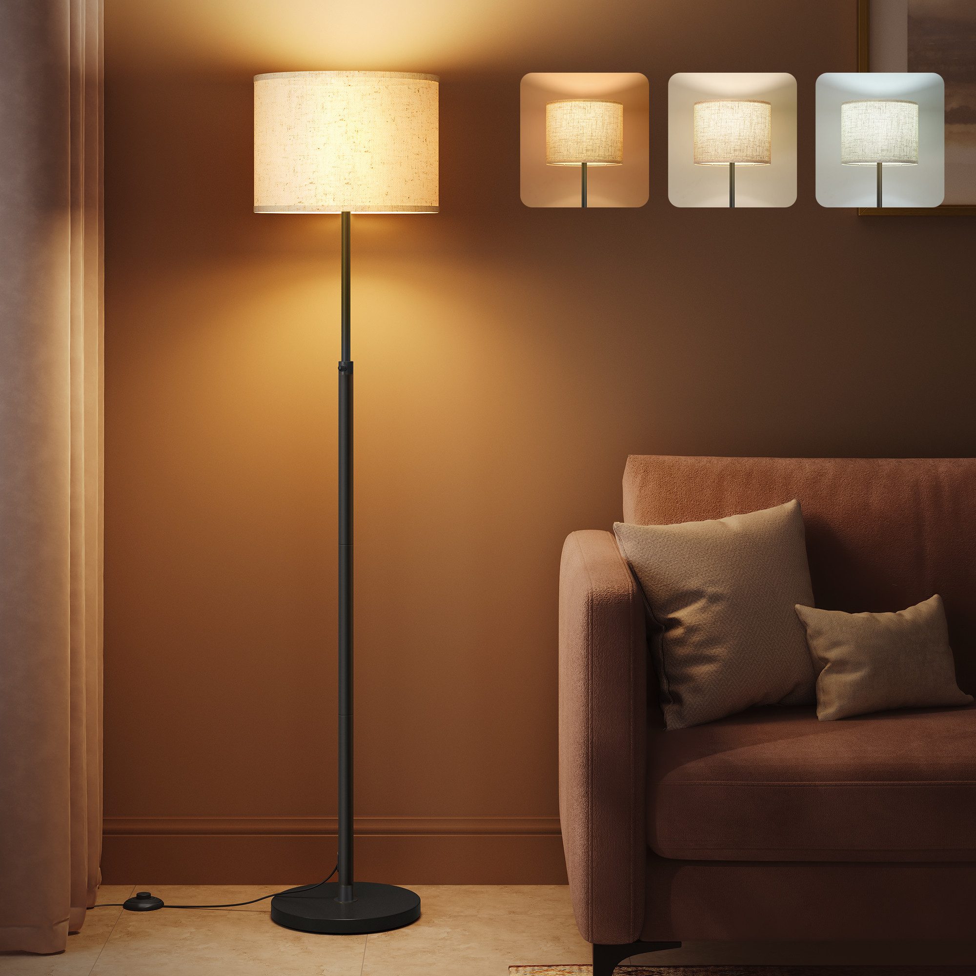 VASAGLE Stehlampe höhenverstellbare Leselampe, 140-170 cm hoch, mit 3 Lichtfarben, Fußtaster, Lampenschirm aus Stoff