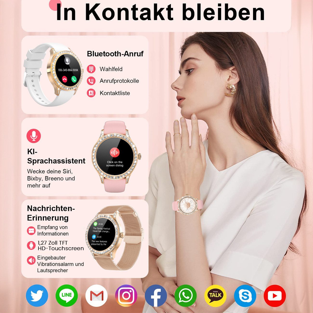 ANYSUN Smartwatch Damen mit Bluetooth-Anru/ mit 58 Diamanten Smartwatch (1,27 Zoll) Fitness Tracker Uhr für Damen Herren mit Schlafmonitor, IP68 Wasserdicht/120+ Sportmodi/Damen-Sportuhr für Android iOS