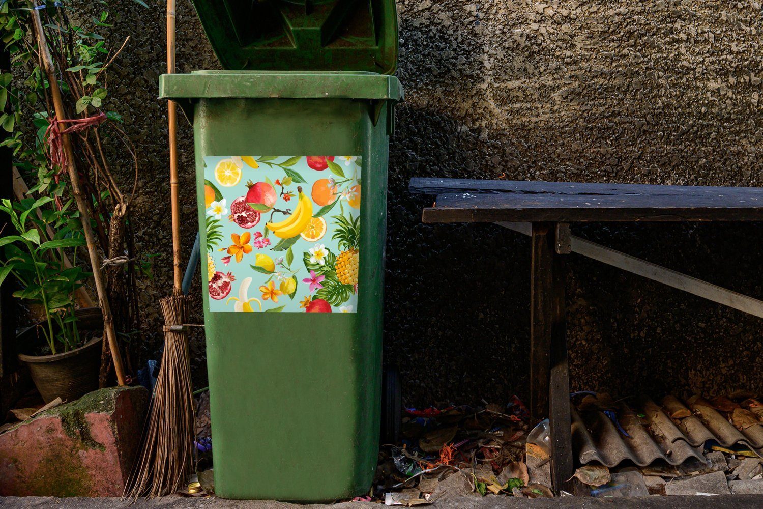 MuchoWow Wandsticker Obst - St), Mülleimer-aufkleber, Tropisch (1 Mülltonne, Abfalbehälter Grün Container, - Sticker