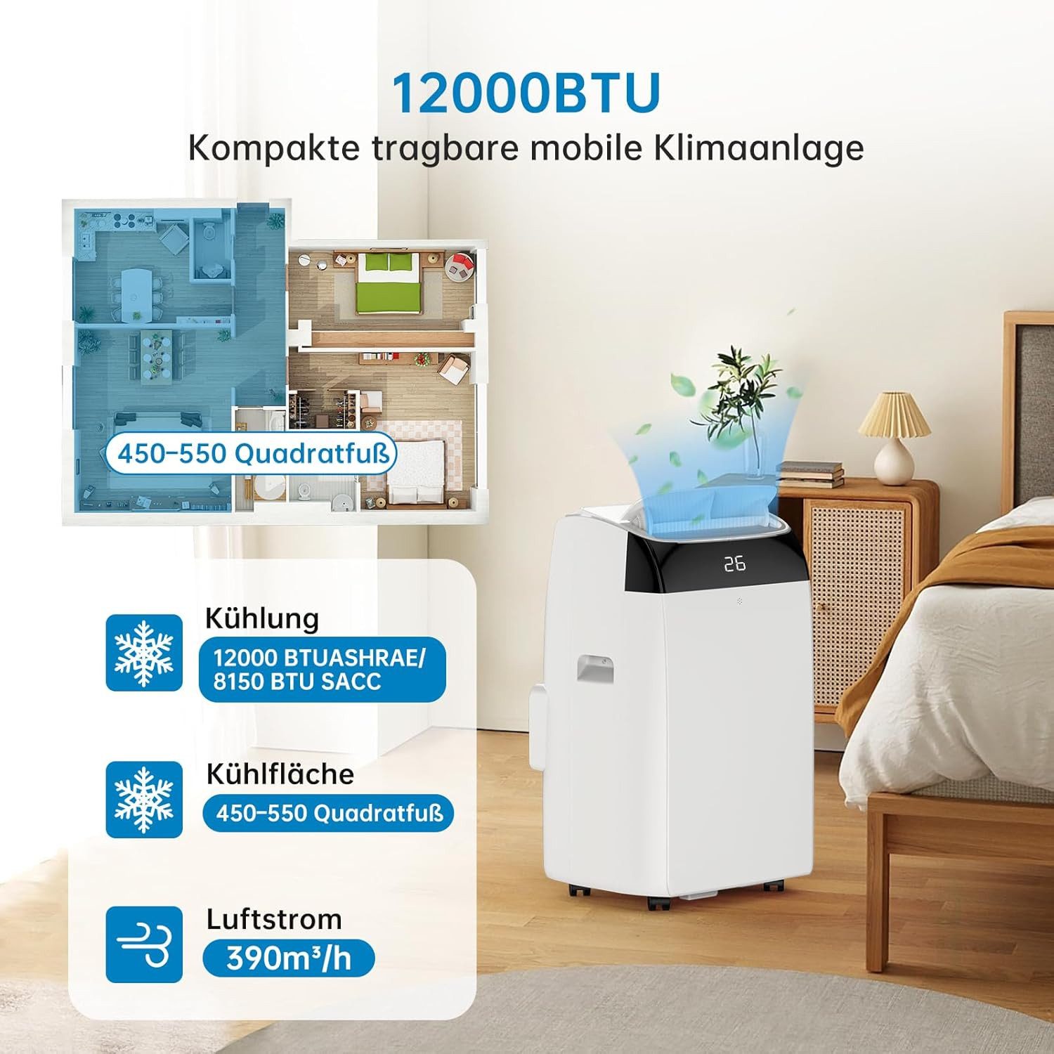 GarveeMore Klimagerät Mobile leise,12000BTU, 4-in-1 Mobile Klimaanlage mit Schlafmodus, Abluftschlauch Klimaanlage, 24-Timer, Für Räume Bis 43–51