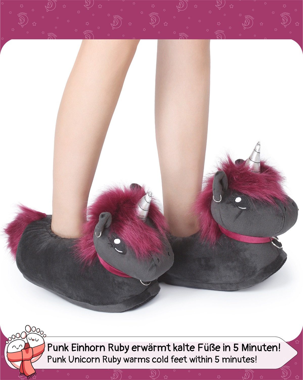 Corimori Tier Pantoffeln für Kinder Einheitsgröße 25-33,5 Plüsch Hausschuhe (Packung, Geschenk) EU Einheitsgröße 25-33,5 Ruby das Einhorn für Kinder, Jungen, Mädchen