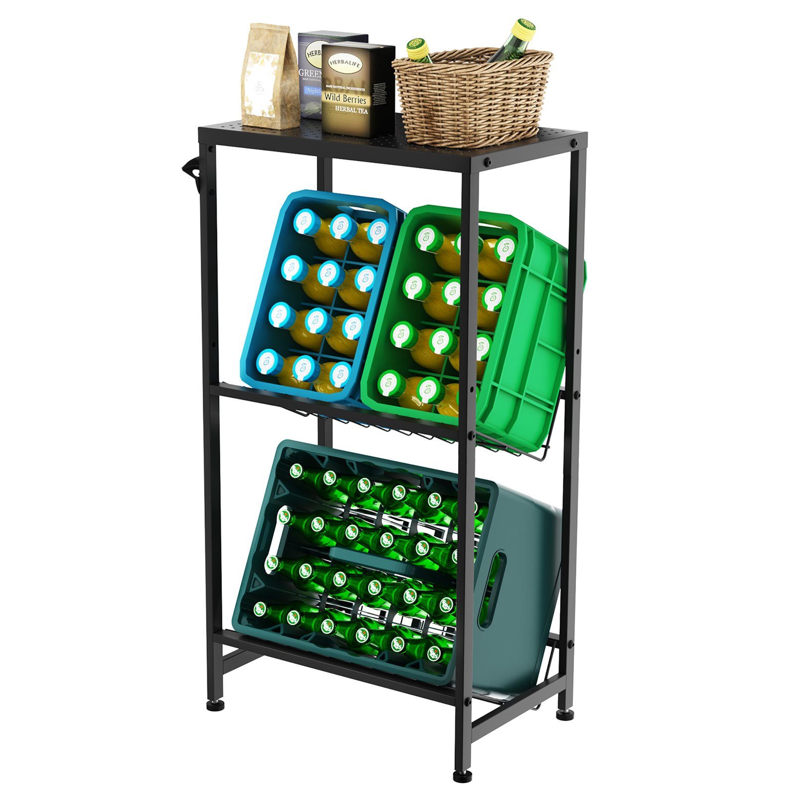 Rainsworth Standregal Getränkekistenregal mit Gitterhalterung, 6-8 Regal Kisten, für Weinkisten für Schwarz, mit Schwarz. Wasserkasten Getränkeregal Kistenregal Verstellbaren 103cm Weinregal Füßen, Getränkekisten