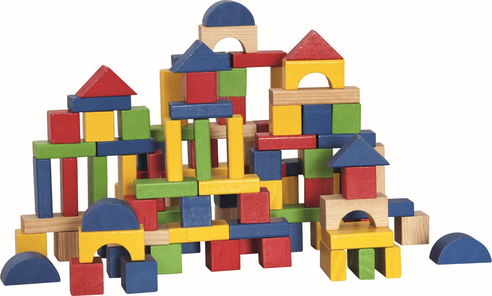 Woodyland Lernspielzeug 100 bunte Holzbausteine in unterschiedlichen Formen und Steckspiel (100-St), 100 Bausteine und Steckspiel