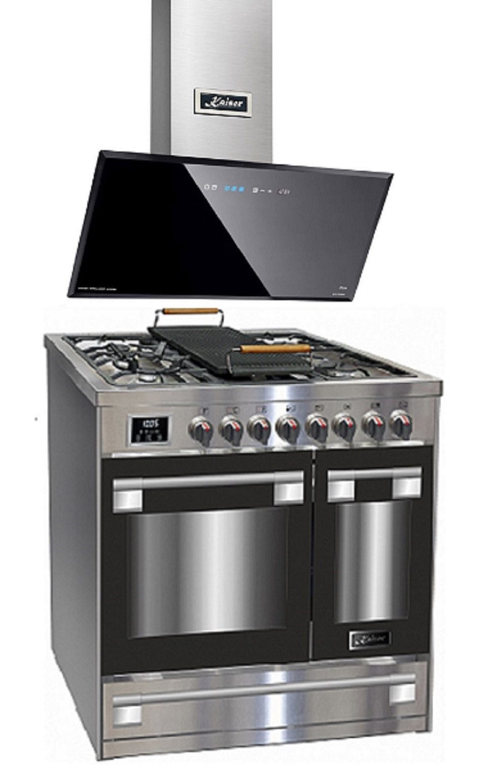 Kaiser Küchengeräte Gasherd-Set Gas Elektro Standherd 90 cm, Edelstahl, Inox, Range Coocker+Luxus Dunstabzugshaube 90cm HGE 93201 R+AT 9430 F ECO., mit 1-fach-Teleskopauszug