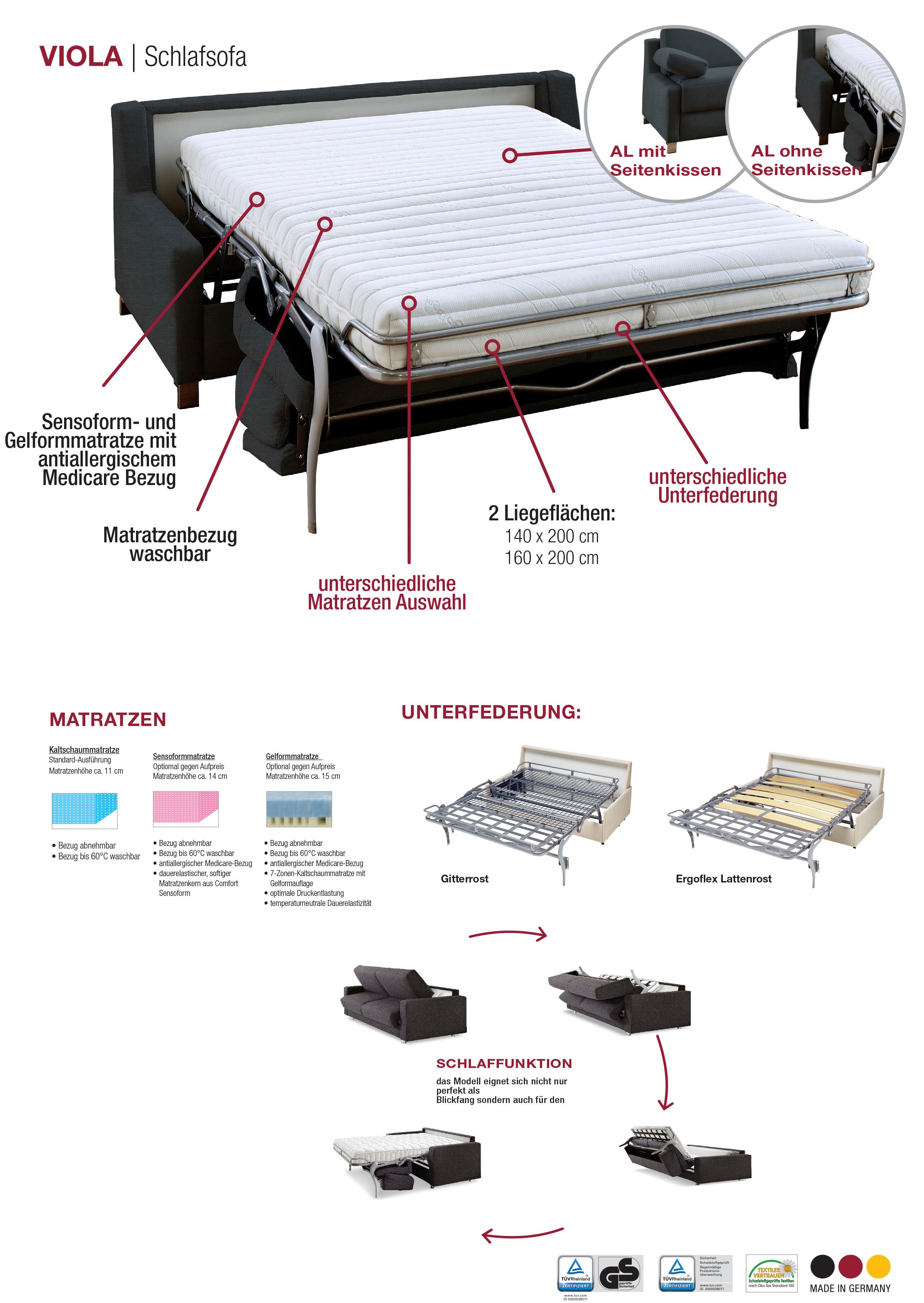 Bali Schlafsofa Viola, Dauerschläfer mit Seitenkissen, in 140er und 160er Breite, 3 Varianten, auch mit Ergoflex-Lattenrost