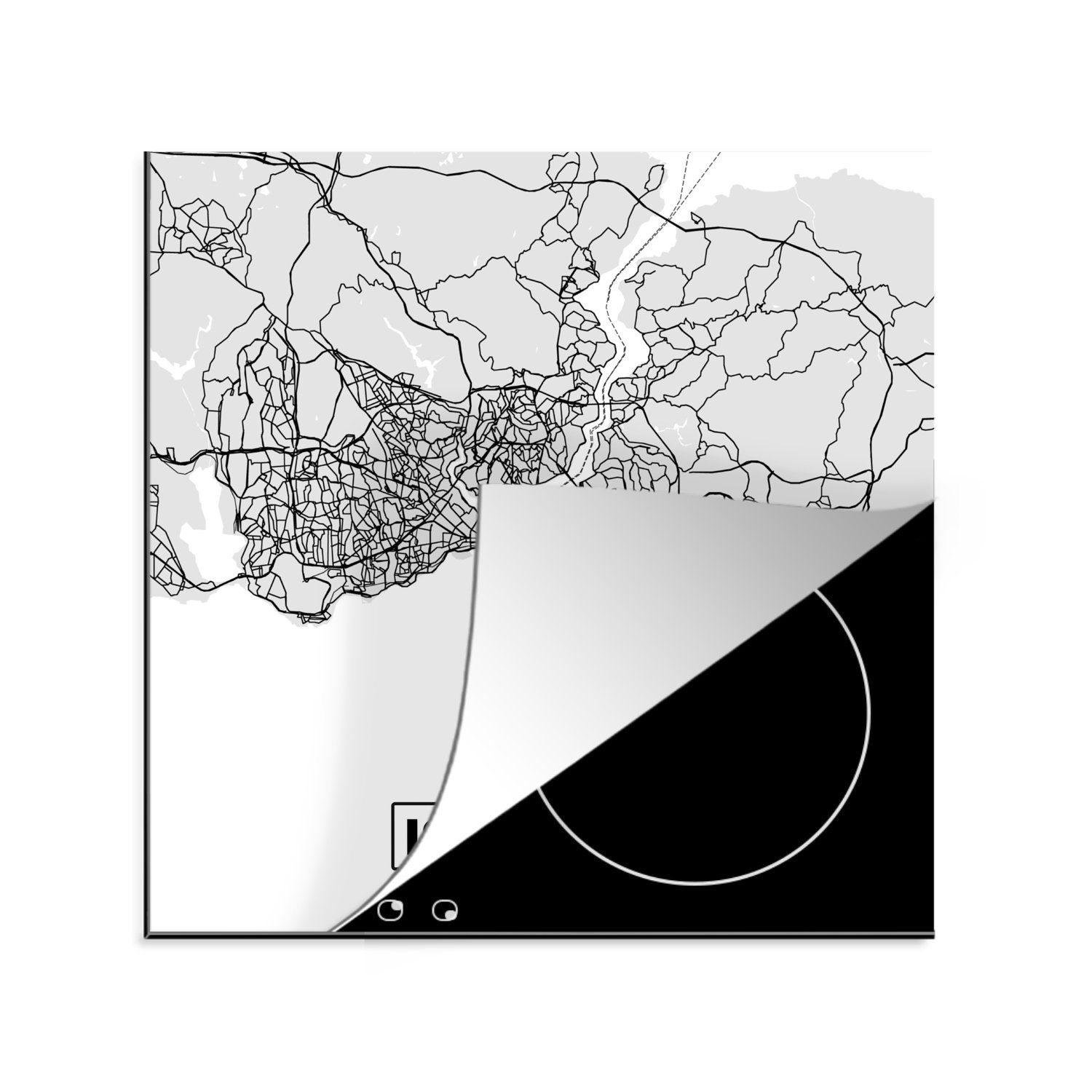 MuchoWow Herdblende-/Abdeckplatte Istanbul - Karte - Stadtplan - Schwarz-weiß - Karte, Vinyl, (1 tlg), 78x78 cm, Ceranfeldabdeckung, Arbeitsplatte für küche