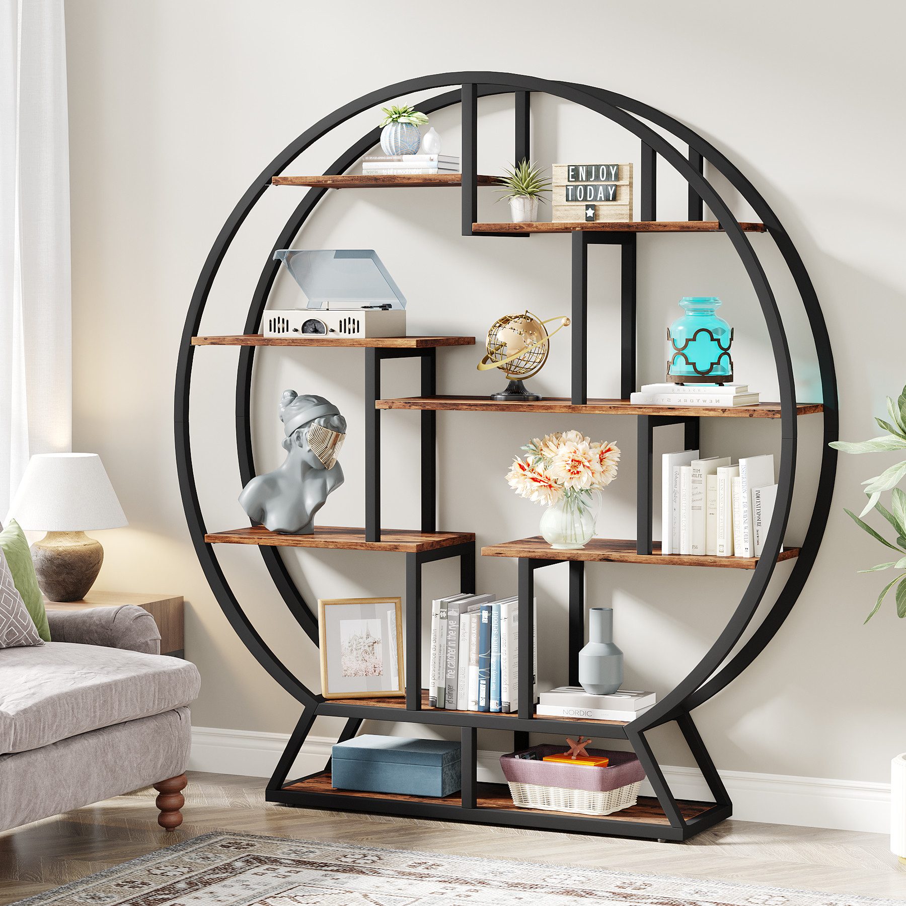 Tribesigns Bücherregal Rundes Bücherregal, Industrielles 5 Etagere Rustikal günstig online kaufen
