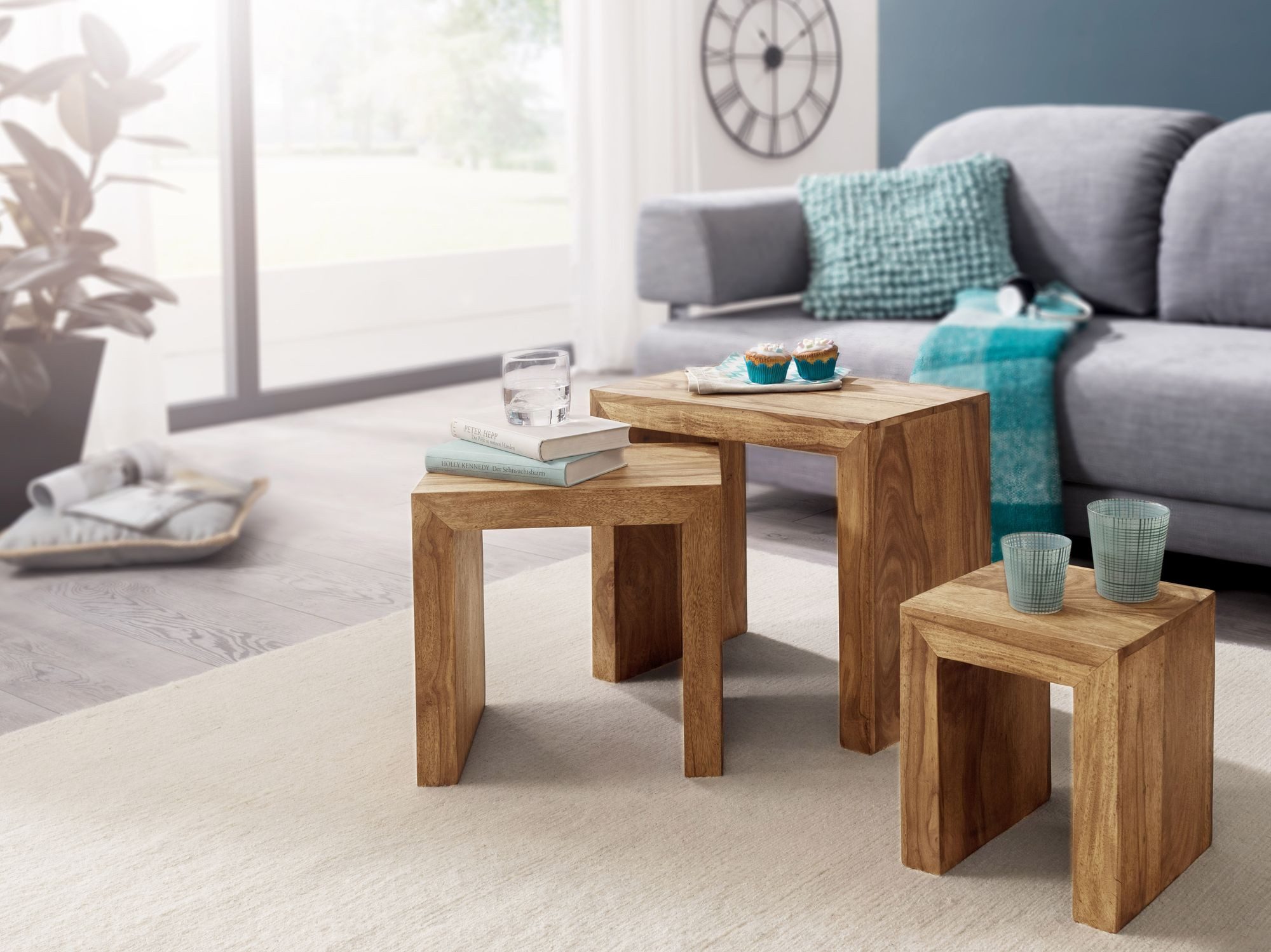 Wohnling Satztisch WL1.440 Akazie 3-teiliger MUMBAI Massiv Beistelltisch Massivholz Cou (Beistelltisch 3er Set Akazie Massivholz Modern), Kleiner Wohnzimmertisch, Sofatisch Couchtisch