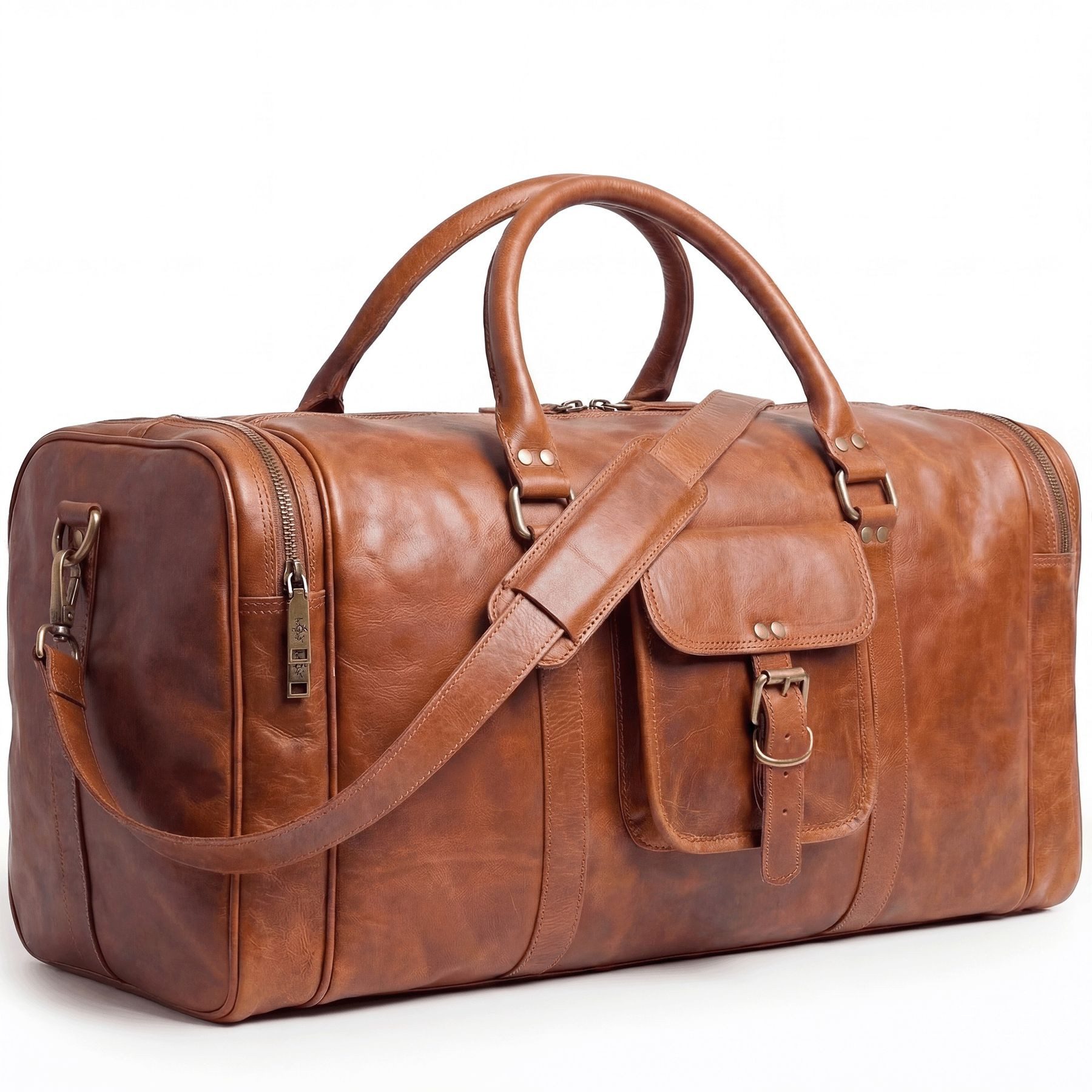 SID & VAIN Reisetasche Weekender aus Leder Unisex LANDON in vintage-braun, Hochwertige Reisetasche Ziegenleder 60 cm in Braun-cognac