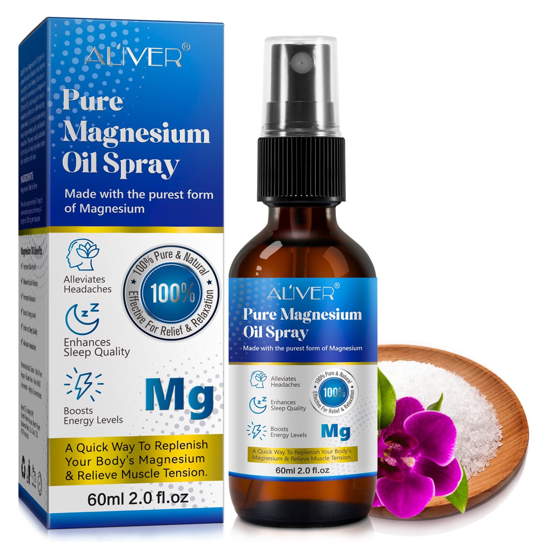 ALIVER Gesichts- und Körperspray Pure Magnesiumöl Spray für Sport Muskel Entspannung 60ml, 1-tlg., 60ML