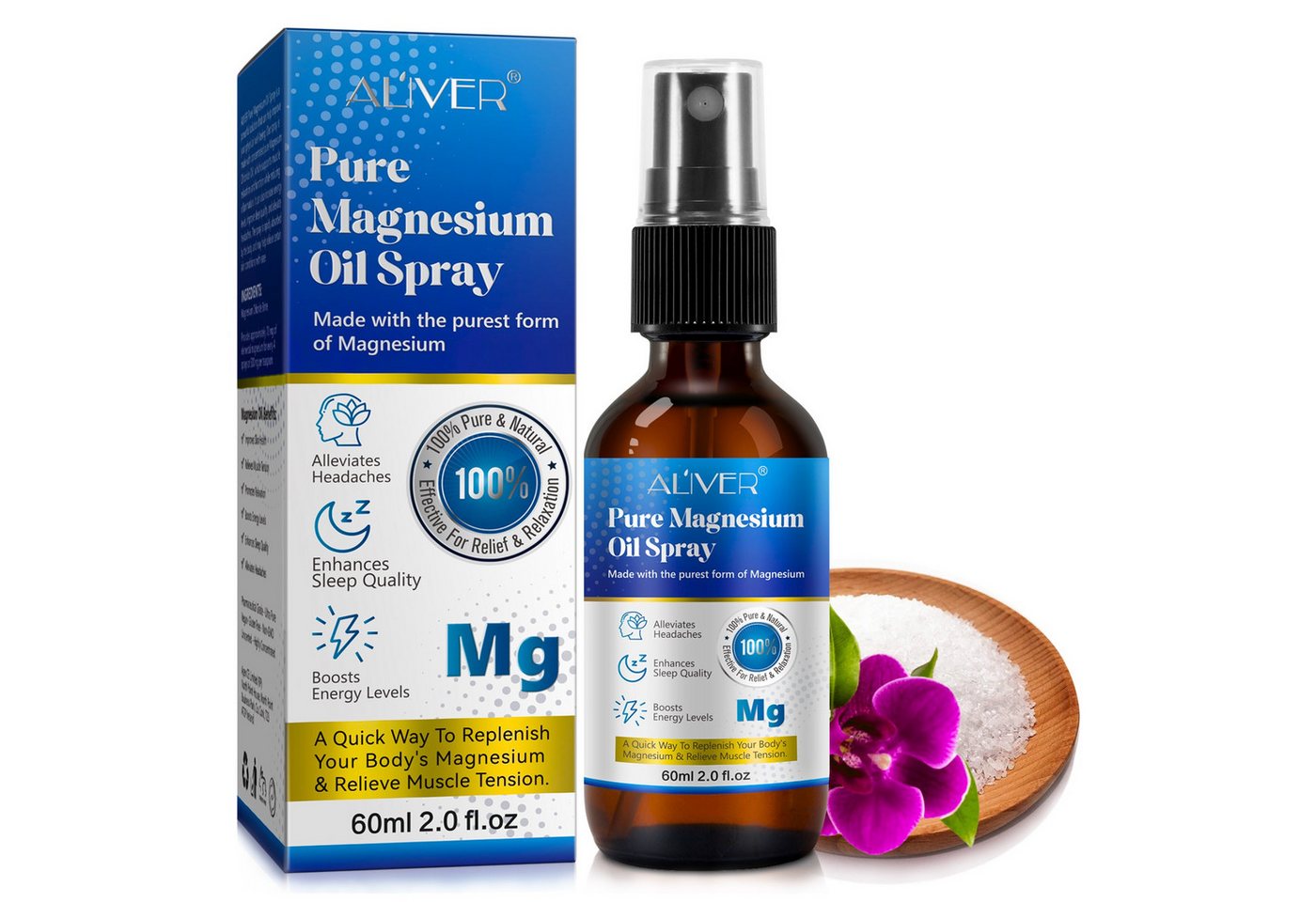 ALIVER Gesichts- und Körperspray Pure Magnesiumöl Spray für Sport Muskel Entspannung 60ml, 1-tlg., 60ML