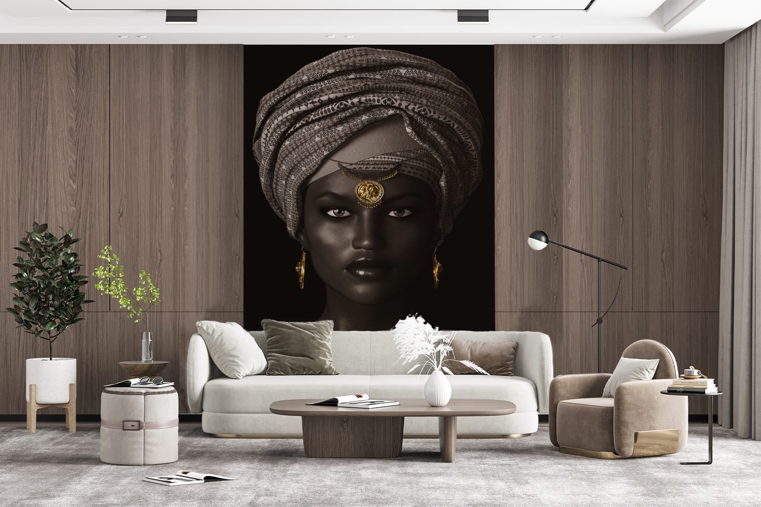 Wohnzimmer, Montagefertig Wandtapete für MuchoWow bedruckt, - Frau Afrikanisch Tapete (3 - St), Gold, Fototapete Vinyl Matt,