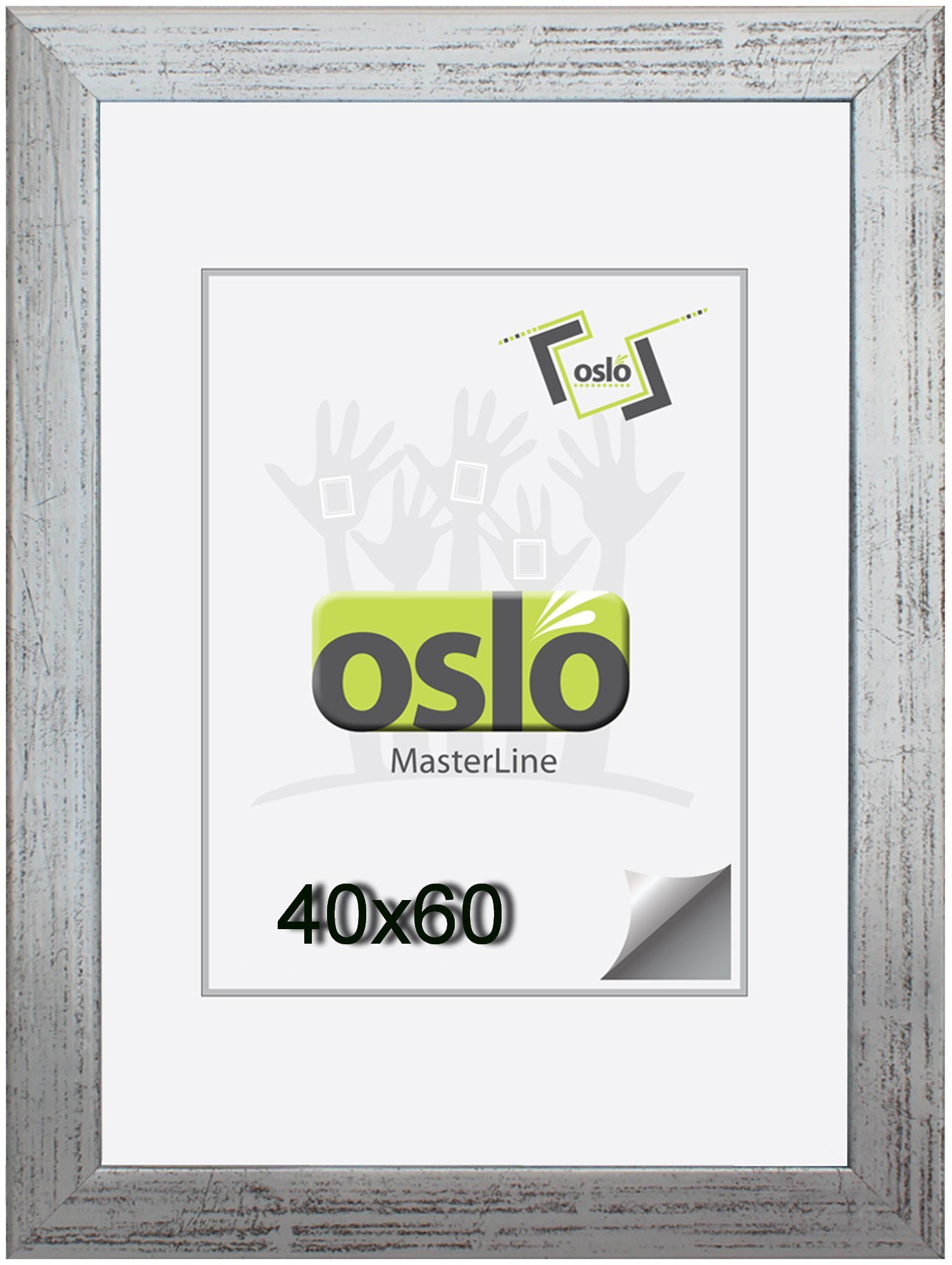 Oslo MasterLine Portraitrahmen Bilderrahmen 40 x 60 cm Holz massiv, FSC-zertifiziert, (schwarz} {silber} {weiß gekalkt), 40 x 60 cm silber Fotorahmen Echtglas