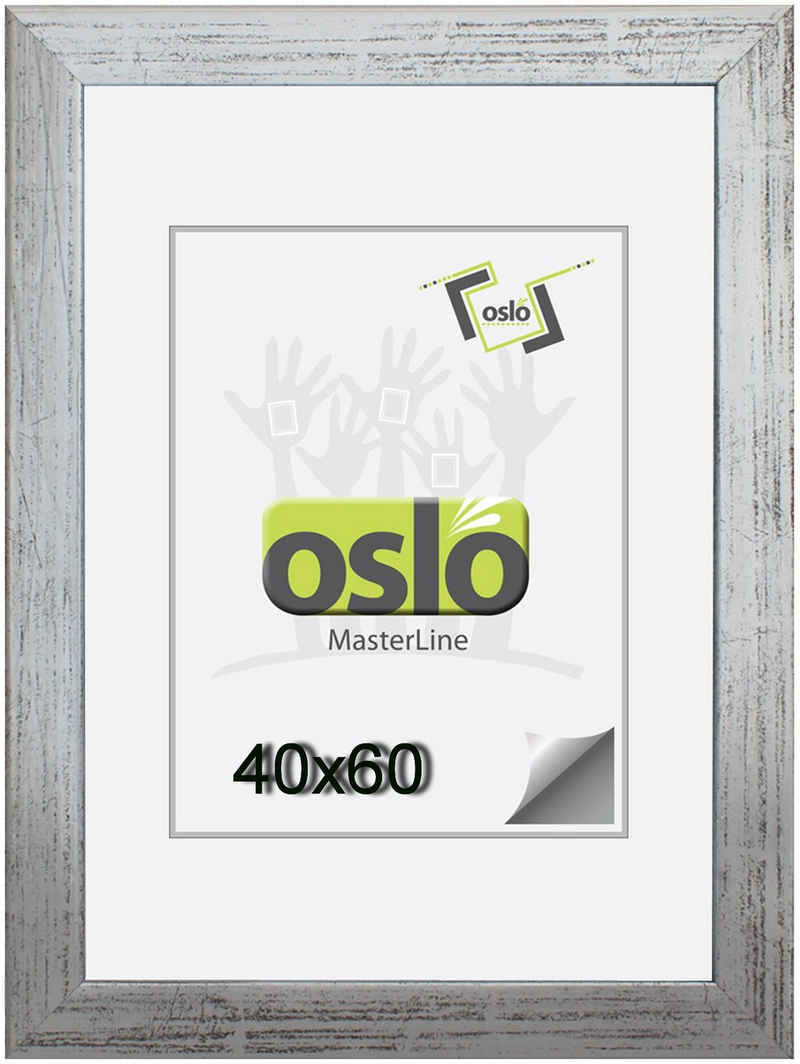 Oslo MasterLine Portraitrahmen Bilderrahmen 40 x 60 cm Holz massiv, FSC-zertifiziert, (silber} {weiß gekalkt), 40 x 60 cm silber Fotorahmen Echtglas