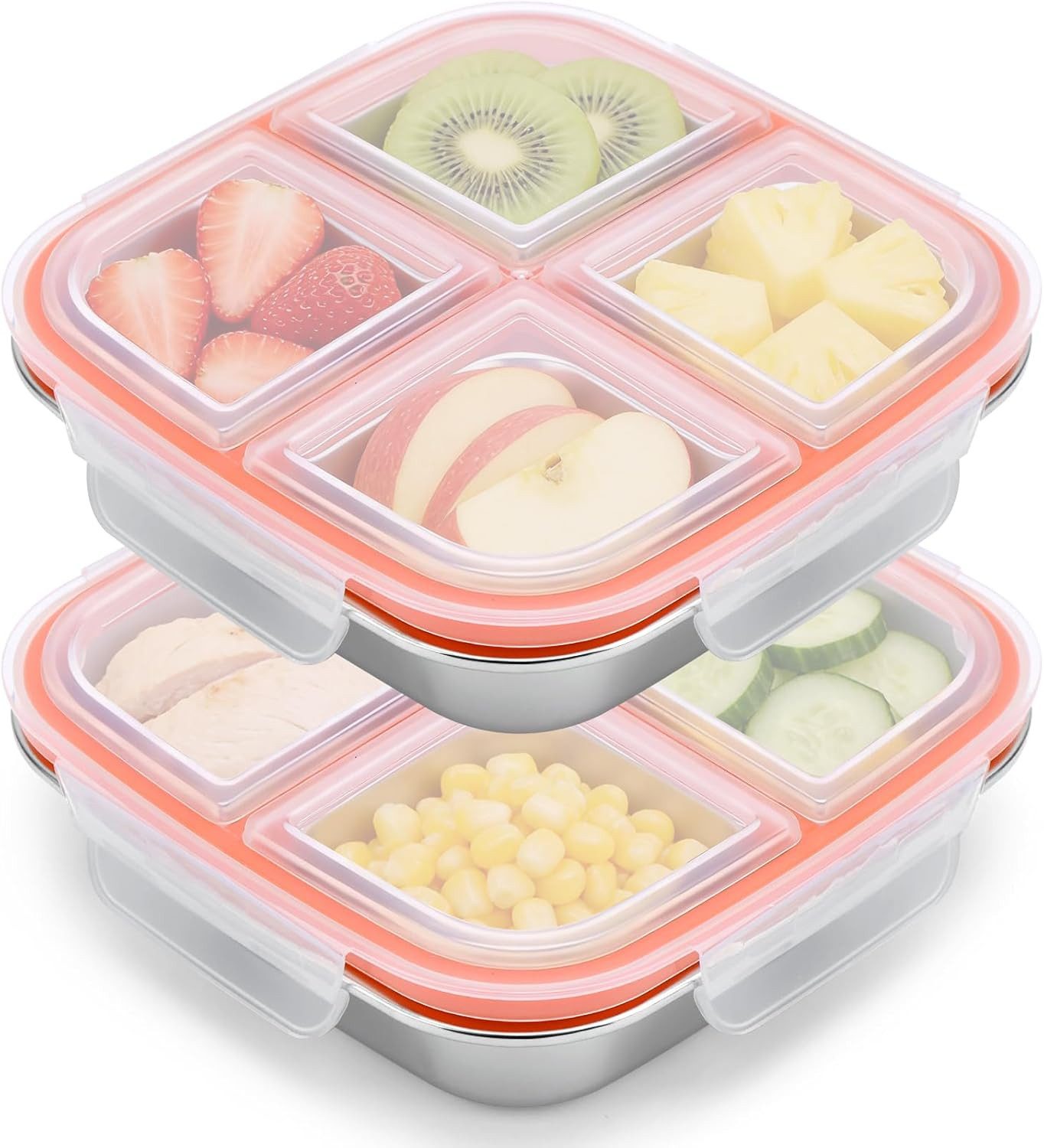 FELIXLEO Lunchbox 2er Snackbox 4 Fächer Edelstahl Brotdose 600ML Lunchbox Kinder Weiß