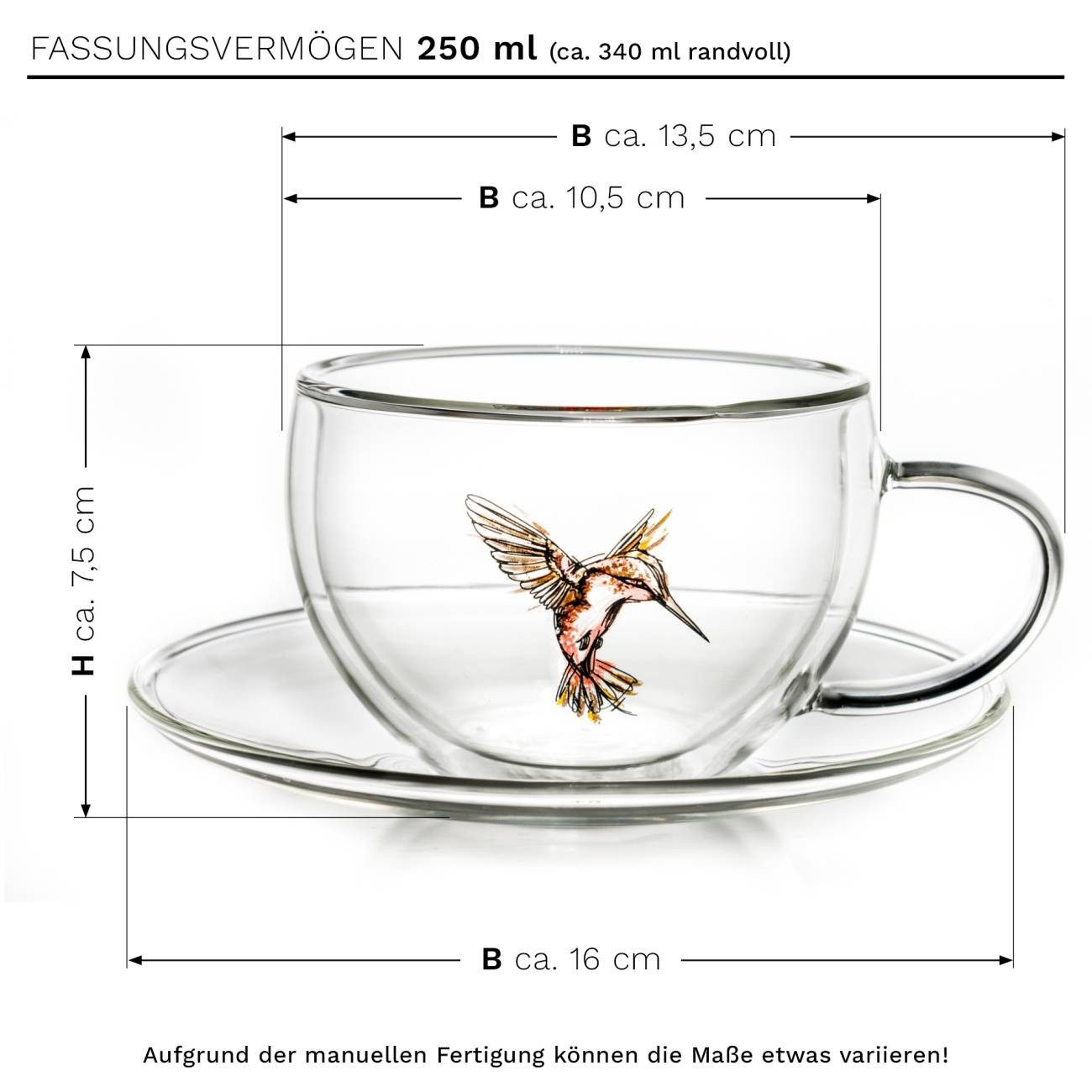 Creano Teeglas Teeglas Thermo Tasse mit Untersetzer “Rot” 250ml, Borosilikatglas, 2-teilig