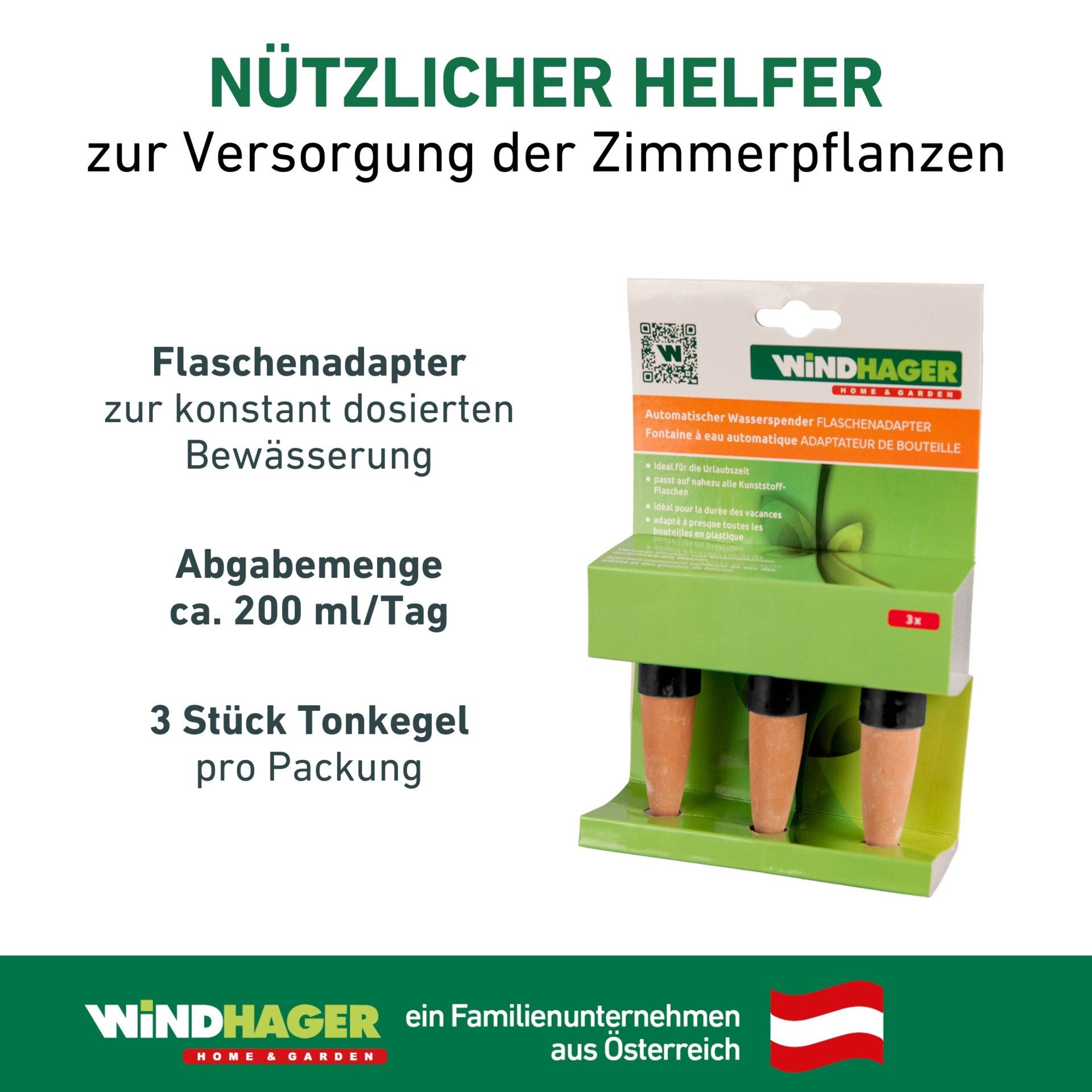 Windhager Bewässerungssystem automatische Wasserspender Flaschen 3 Stk. für Zimmerpflanzen, (Packung, 3-tlg), Flaschenadapter Bewässerung, Abgabemenge ca. 200 ml/Tag, 4 x 11 cm