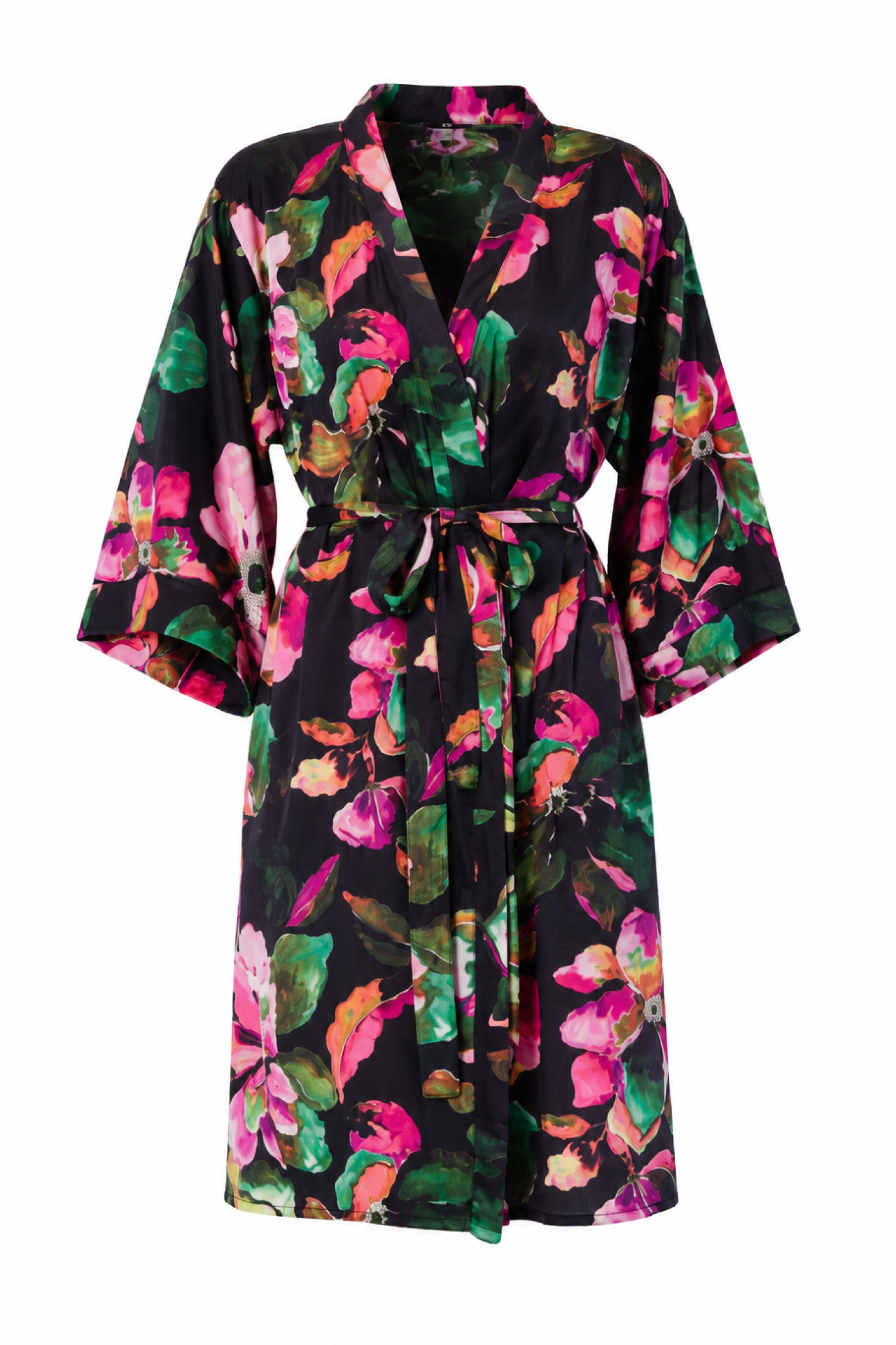 COOLISMO NIGHTWEAR Morgenmantel Sommer-Kimono aus edlem Satin, Satin, Schalkragen, Bindegürtel, mit floralem Design & fließendem Fall
