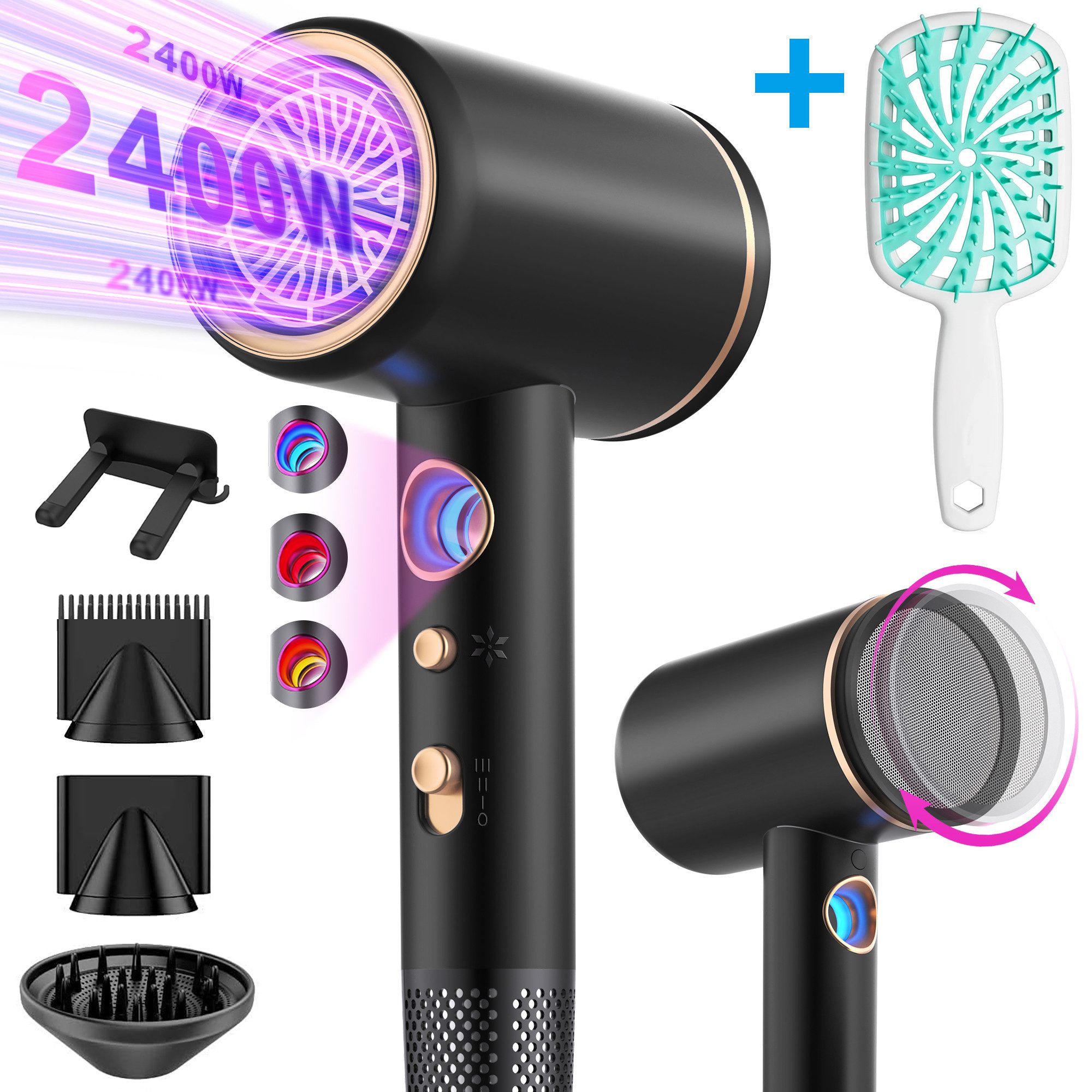 Forrlite Haartrockner 2026 Neues Haartrockner,Föhn Ionen mit Diffusor 2400W AC Motor, 2400 W, 3 Stylingdüsen Professional Ionen Haartrockner Haartrockner, Haartrockner 2400W, Professioneller Haarföhn mit 3 Hitze-Einstellungen