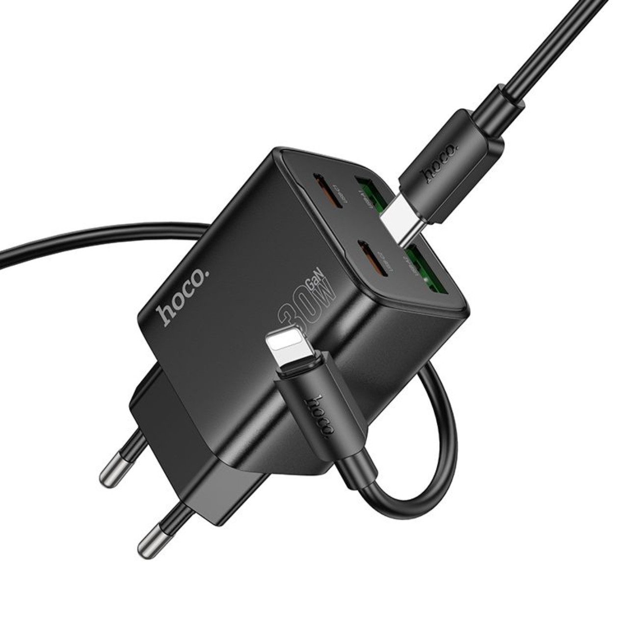 hoco. N56 USB-Ladegerät (3000 mA, Einzelartikel, Inklusive 1 m USB-C-auf-iPhone-Kabel, PD + QC3.0 Schnellladen, 30W, 4 Ports, inkl. iPhone-Kabel)