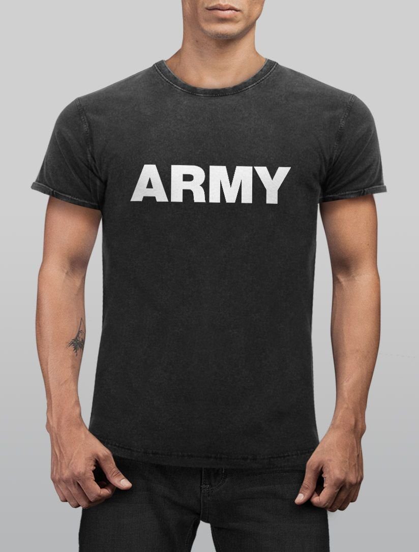 Neverless Print-Shirt Printshirt Fit T-Shirt Used mit Shirt Print Neverless® Look Army Vintage Slim schwarz Herren