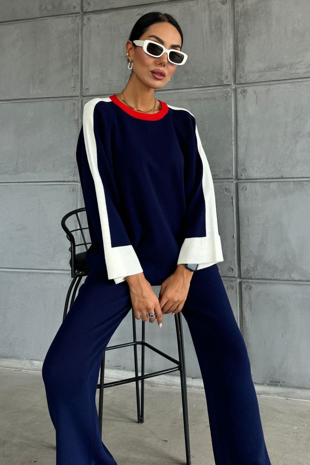 WOMAN VISION Blusentop Damen Marine Stretch Jersey Gestreiftes Split Pullov günstig online kaufen