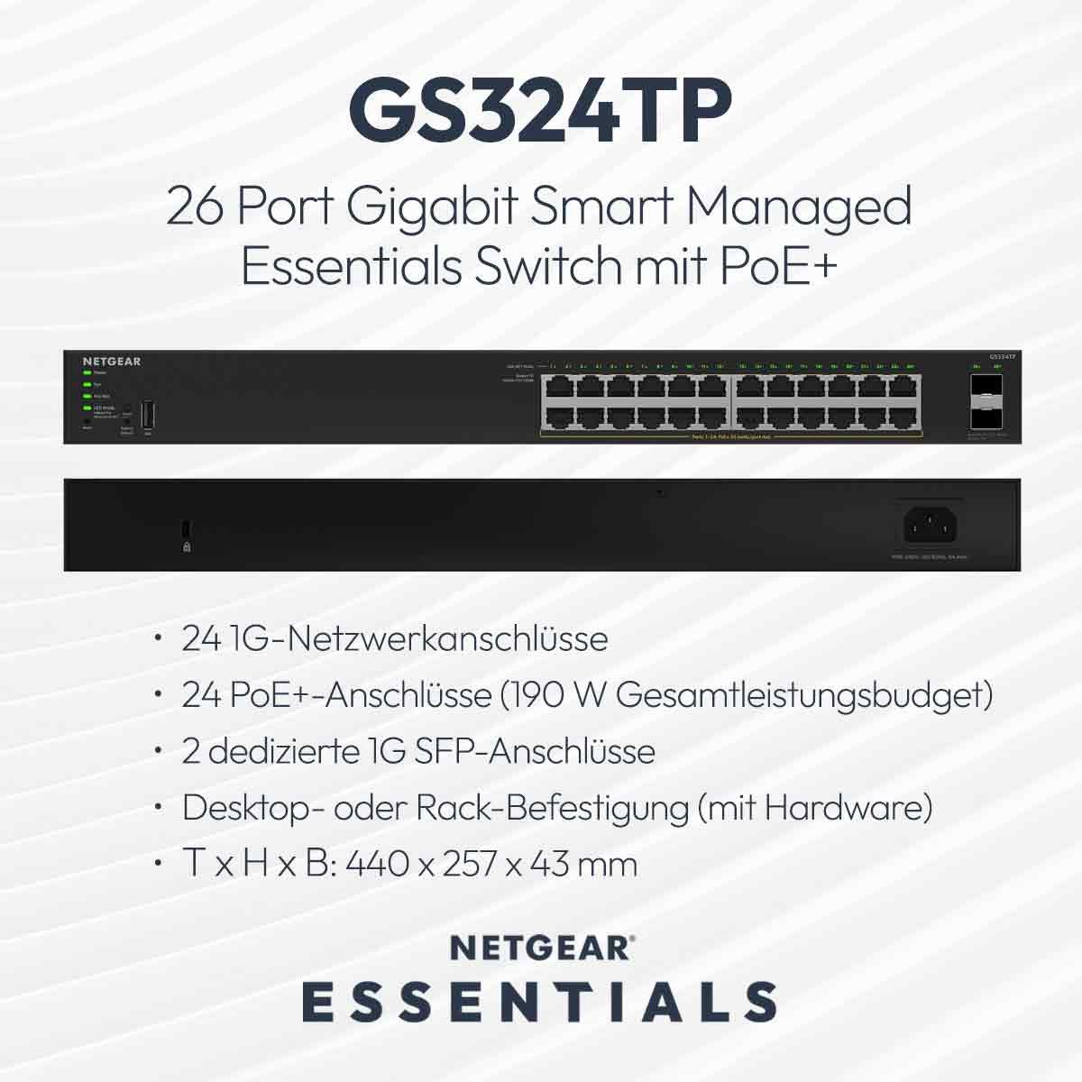 NETGEAR GS324TPv2 - 24-Port Gigabit PoE+ Smart Switch Netzwerk-Switch (Webbasierte Smart-Switch-Verwaltung)