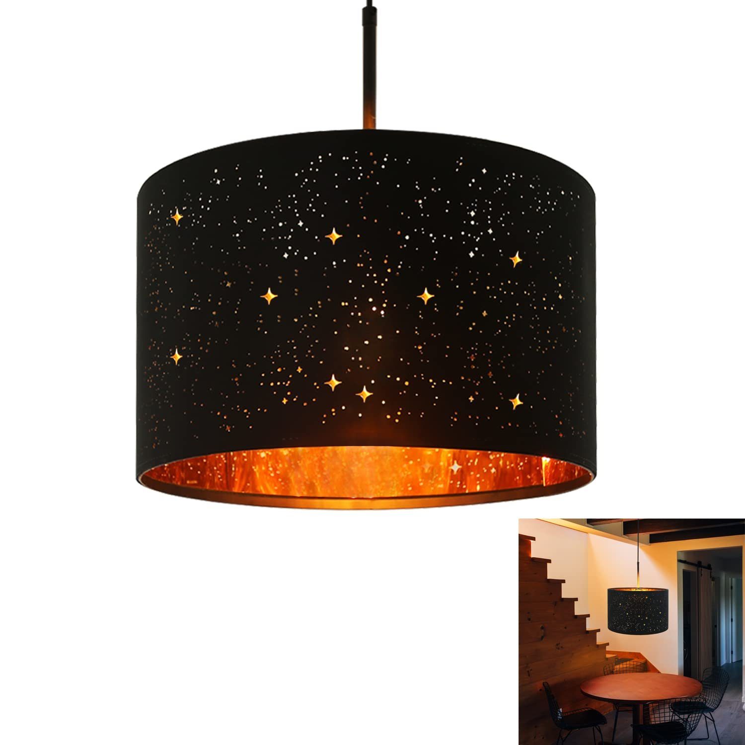 Stern E27 Schwarz Stoffschirm ZMH LED für Design Esszimmer, Modern Pendelleuchte Deko wechselbar