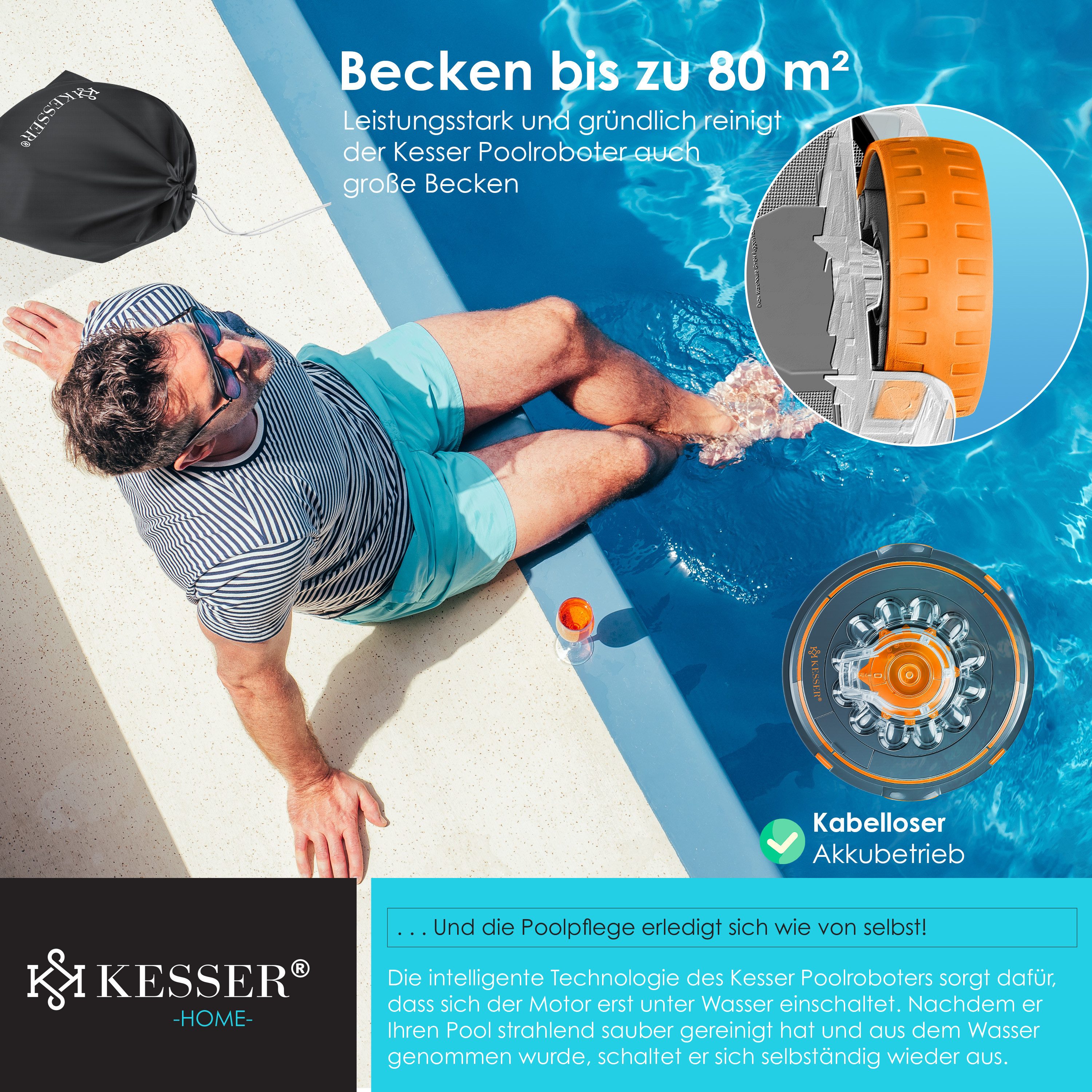 KESSER Poolroboter, Poolroboter Poolsauger Poolreiniger Akku Aqua-9000 mit Transporttasche