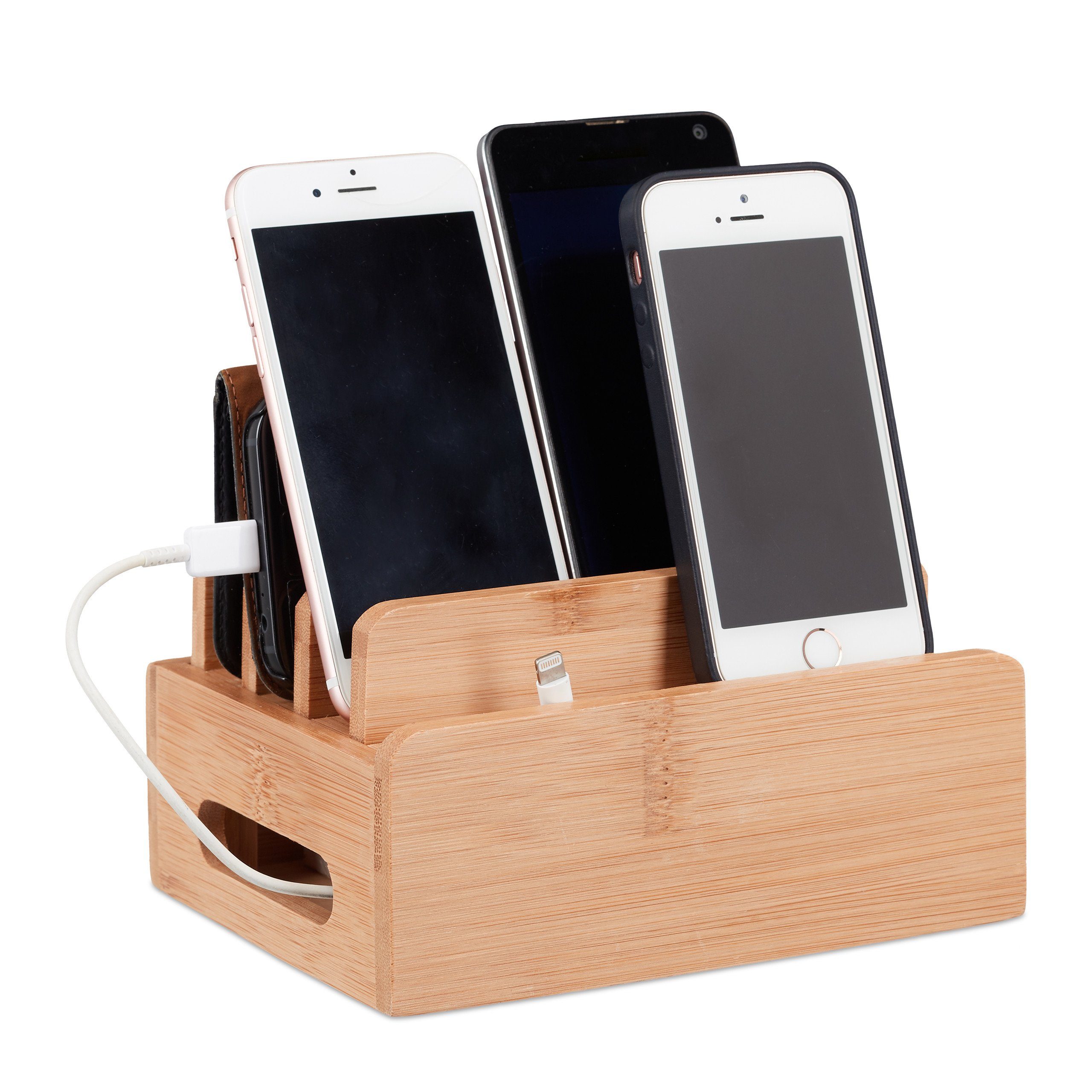 relaxdays Handy-Halterung Bambus Ladestation für 6 Geräte, (1-tlg)
