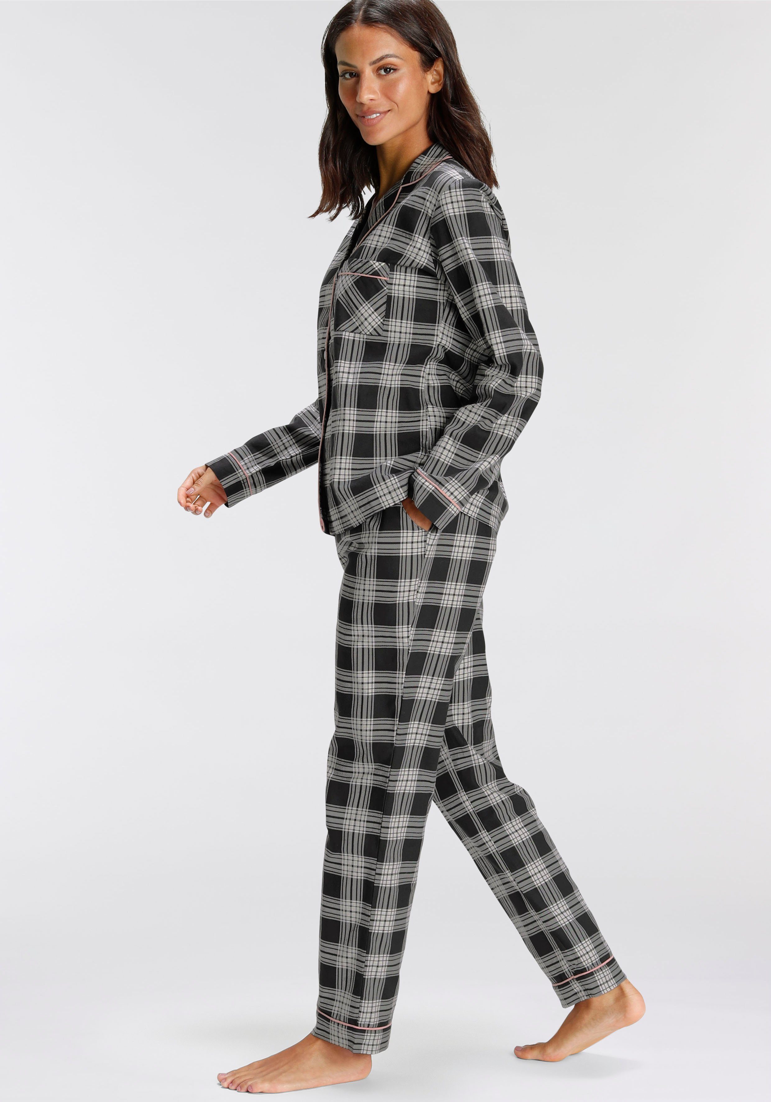 H.I.S 2 Allover-Karomuster (Set, Pyjama mit tlg) aus schwarz-weiß Flanell