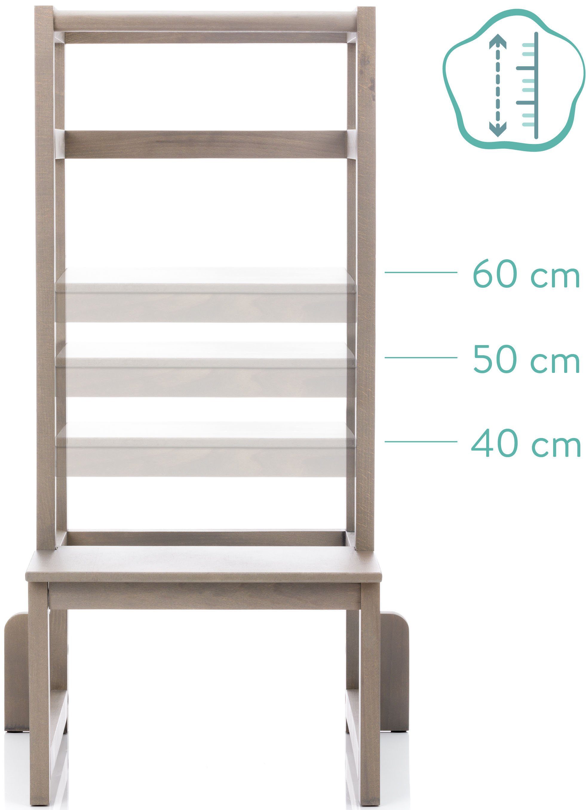 Fillikid Stehhilfe Lernturm, grau, aus cm) dank Holz, Stand- höhenverstellbarem (40/50/60 Fußbrett und Mitwachsend