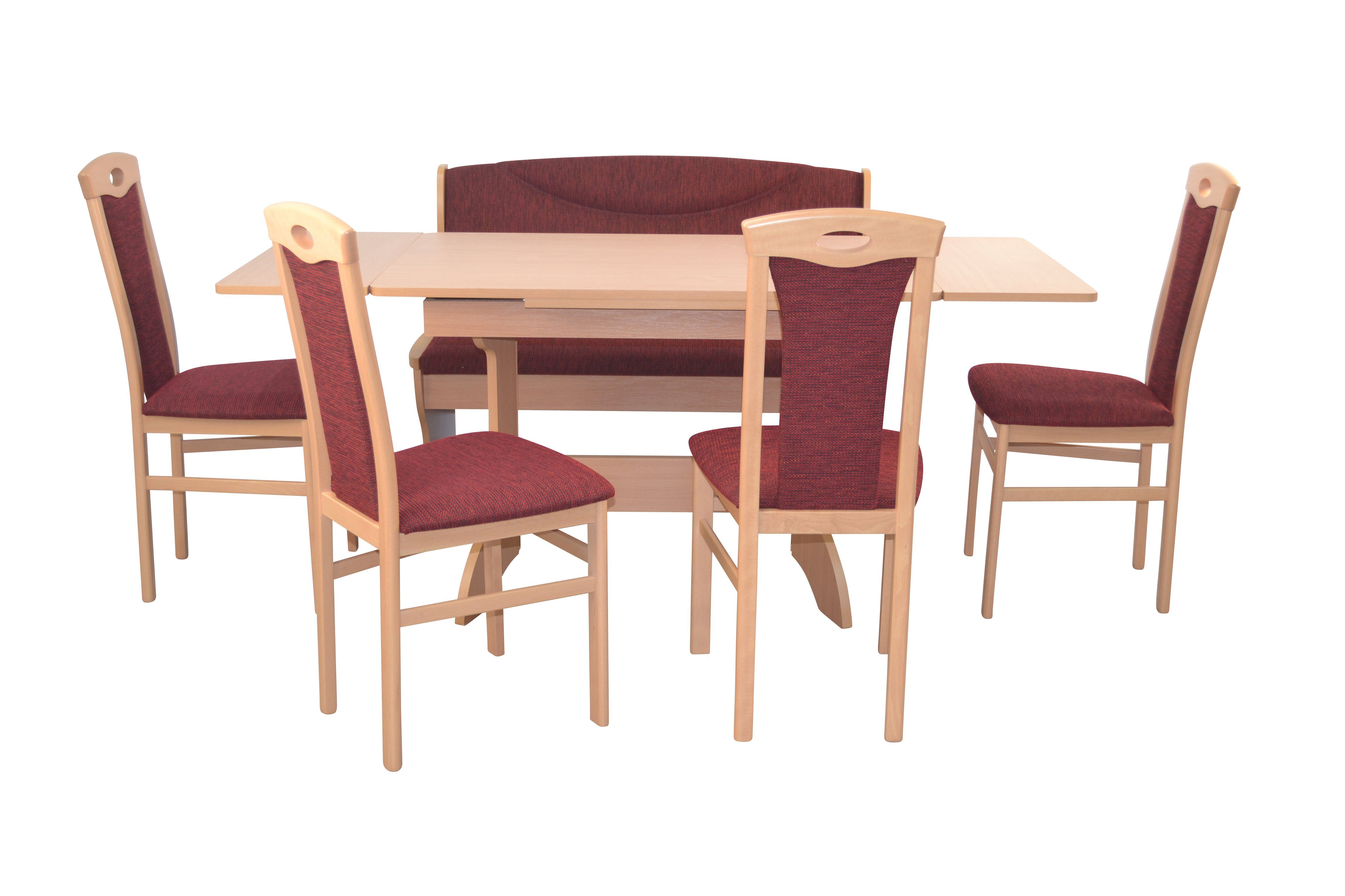 moebel-direkt-online Essgruppe 6teilige Tischgruppe, Sitzbank Buche-Nachbildung/bordeaux mit 6teiliges (Spar-Set, Set), Stauraumfunktion