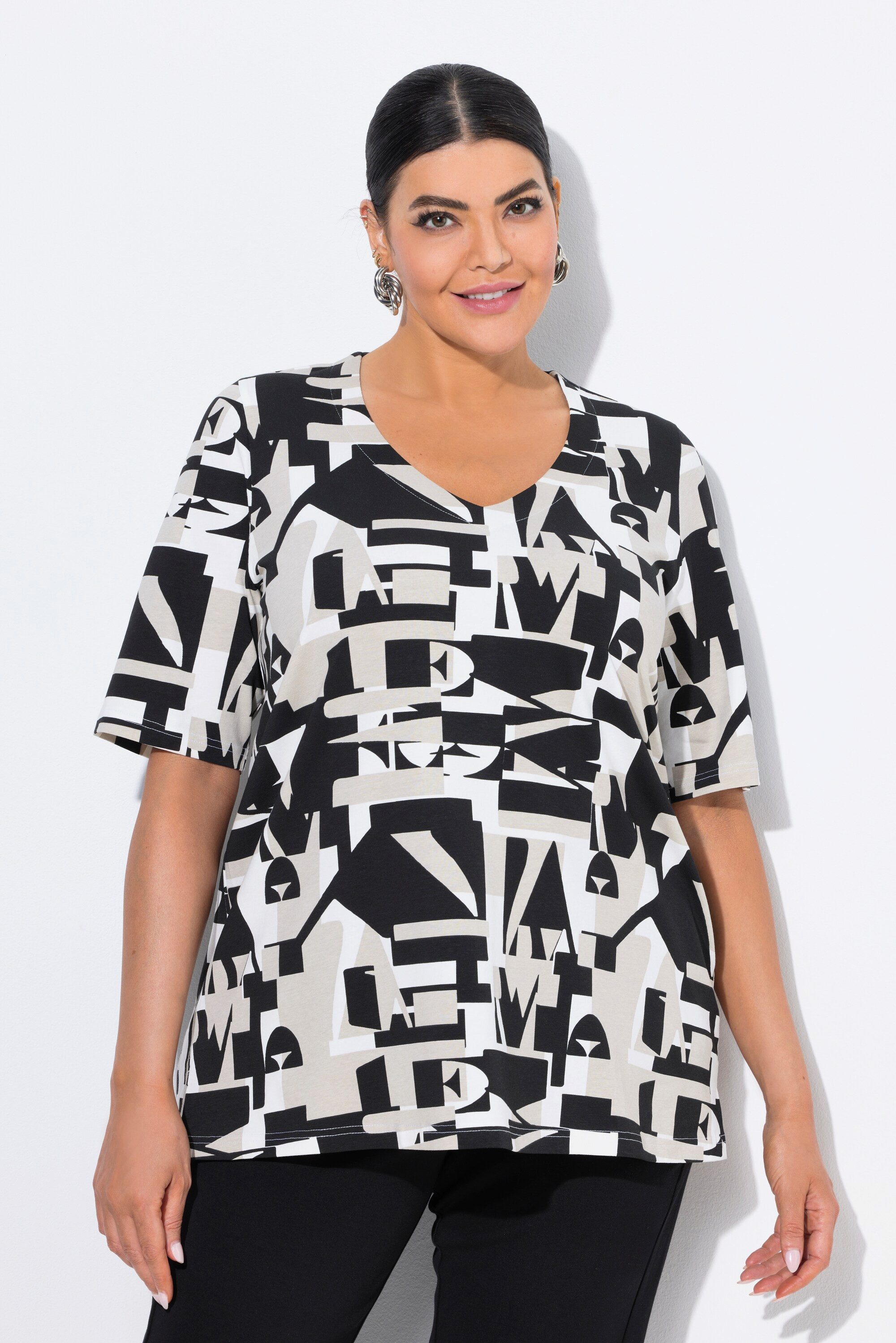 Ulla Popken T-Shirt T-Shirt Buchstaben A-Linie V-Ausschnitt Halbarm günstig online kaufen