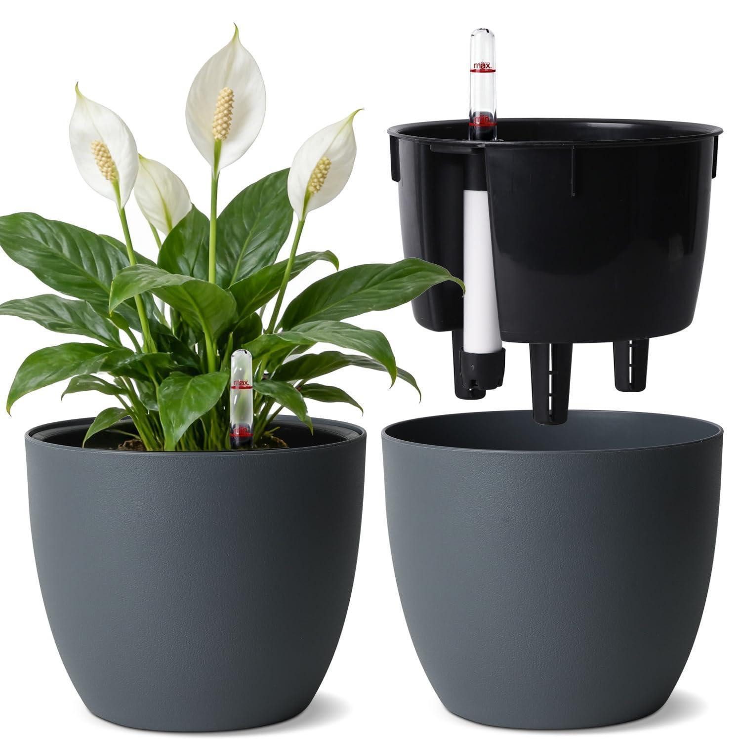 LuxusKollektion Kräutertopf Selbstbewässerungstopf Wasseranzeiger 2er Blumentopf Efeu Grau 15cm