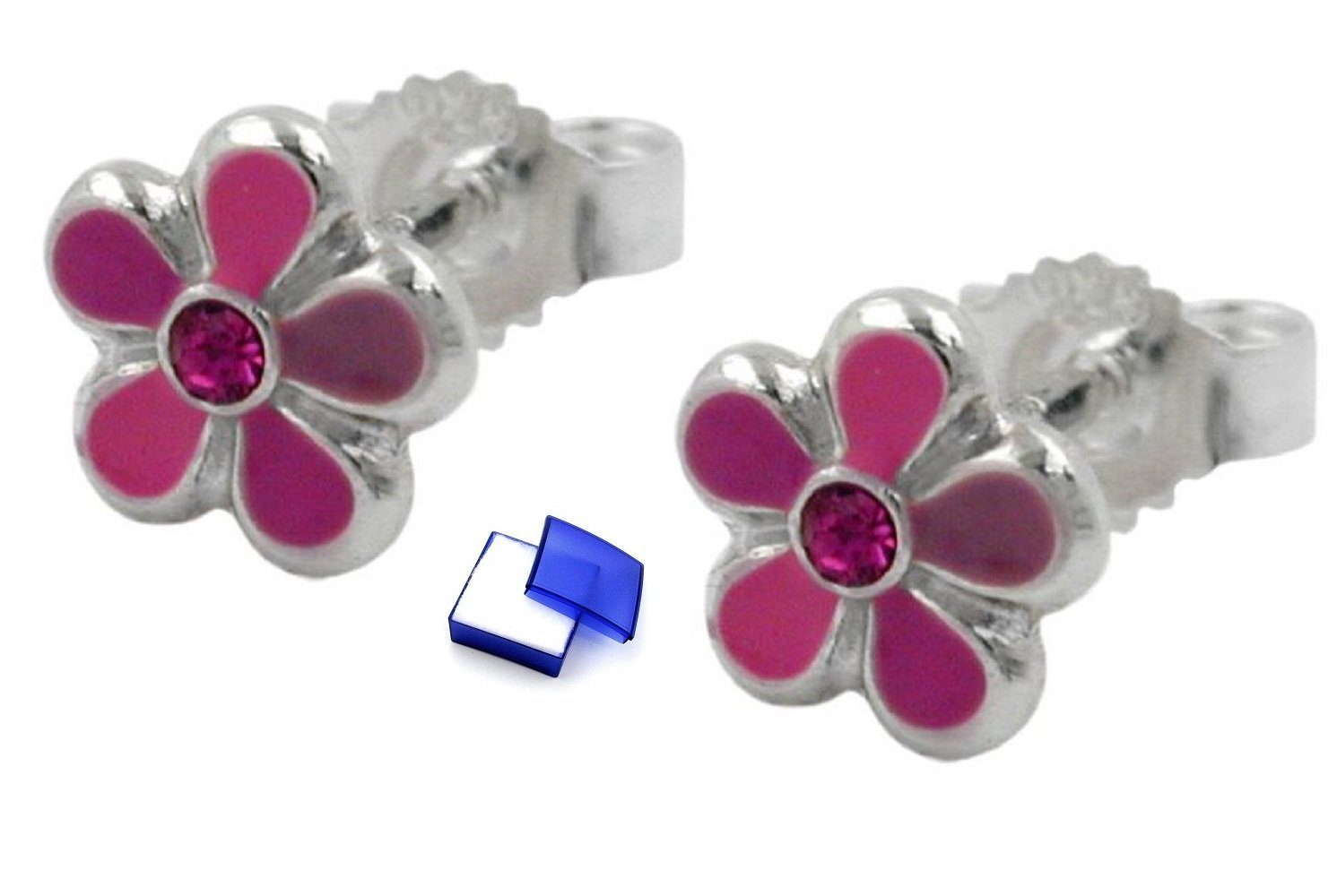 unbespielt Paar Ohrstecker Ohrschmuck Kinderohrringe 6,5 mm Stecker Blume pink lackiert 925 Silber inklusive Schmuckbox, Silberschmuck für Kinder