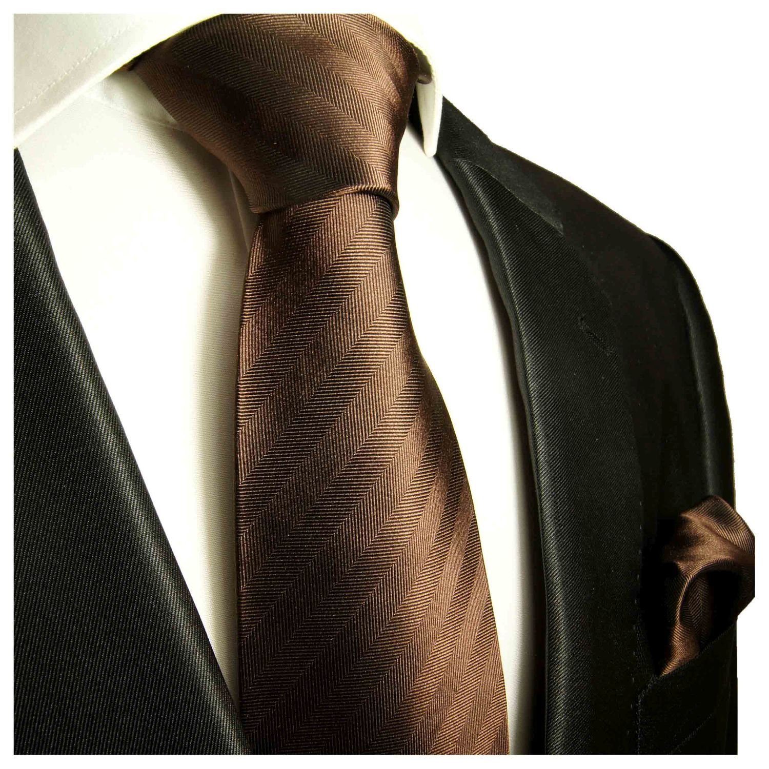 Paul Malone Krawatte Seidenkrawatte und Tuch Herren Schlips modern uni einfarbig 100% Seide (Set, 2-St., Krawatte mit Einstecktuch) Breit (8cm), braun 435