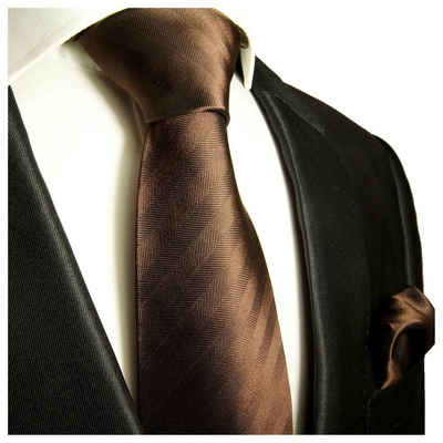 Paul Malone Krawatte Seidenkrawatte und Tuch Herren Schlips modern uni einfarbig 100% Seide (Set, 2-St., Krawatte mit Einstecktuch) Schmal (6cm), braun 435