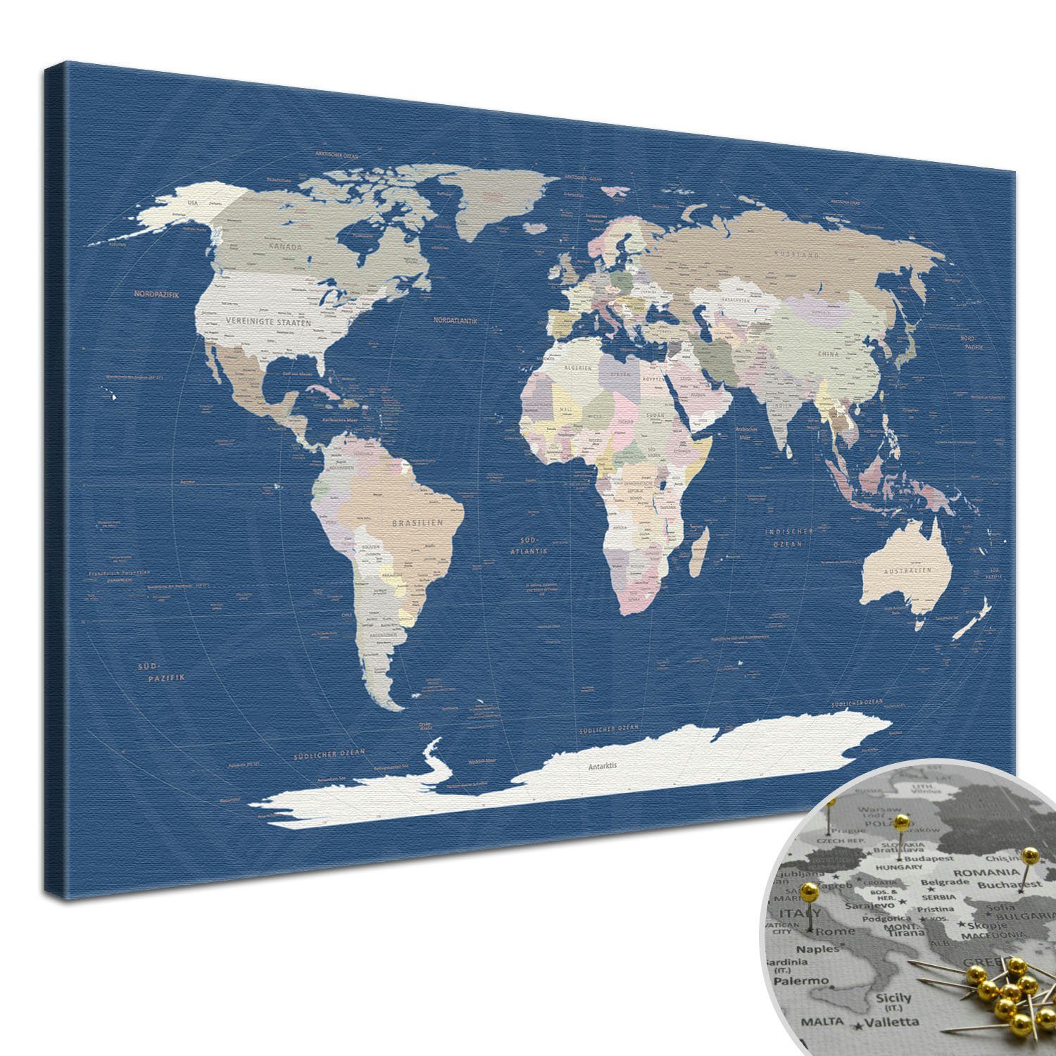LANA KK Leinwandbild Weltkarte Pinnwand zum markieren von Reisezielen, deutsche Beschriftung Titan