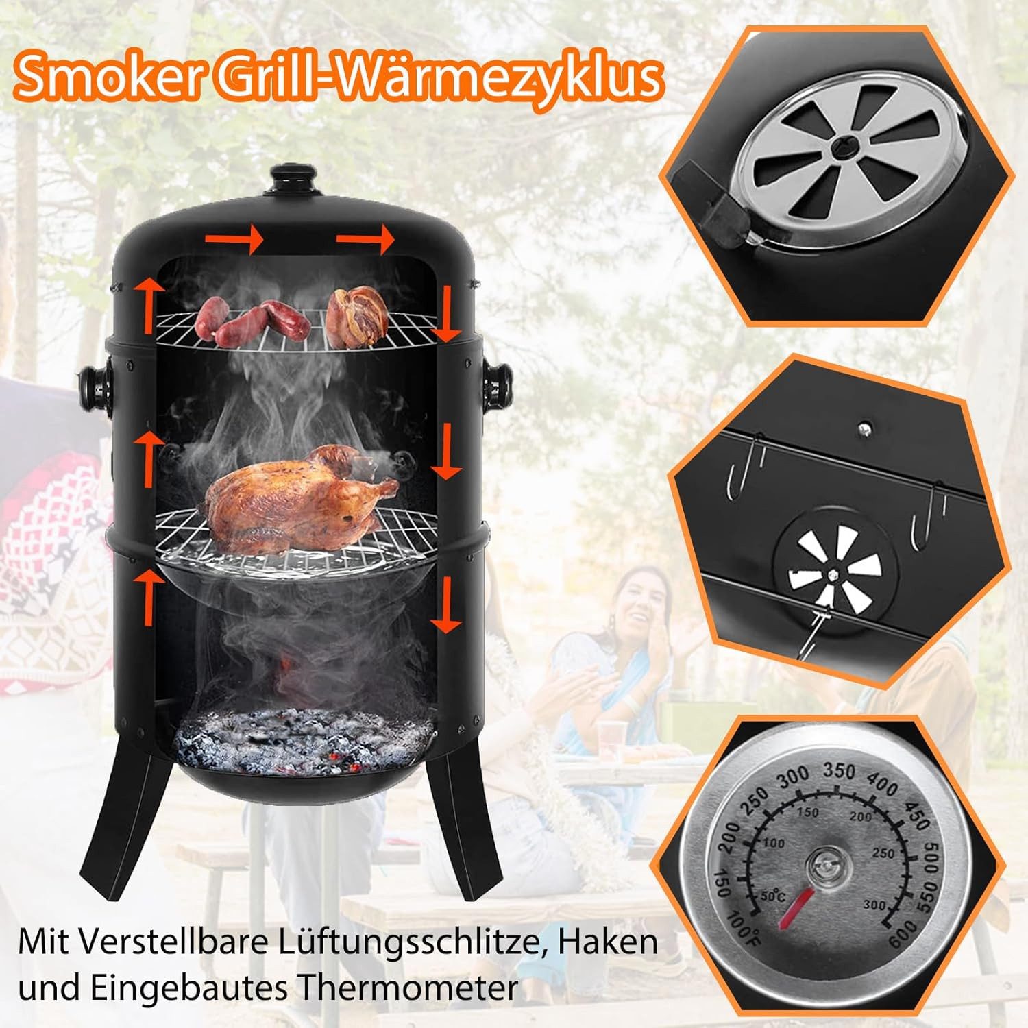 TLGREEN Smoker Räucherofen, 3 in 1 Smoker Grill, Holzkohlegrill, Räuchertonne Räuchergrill Watersmoker, Ø44,5x80 cm
