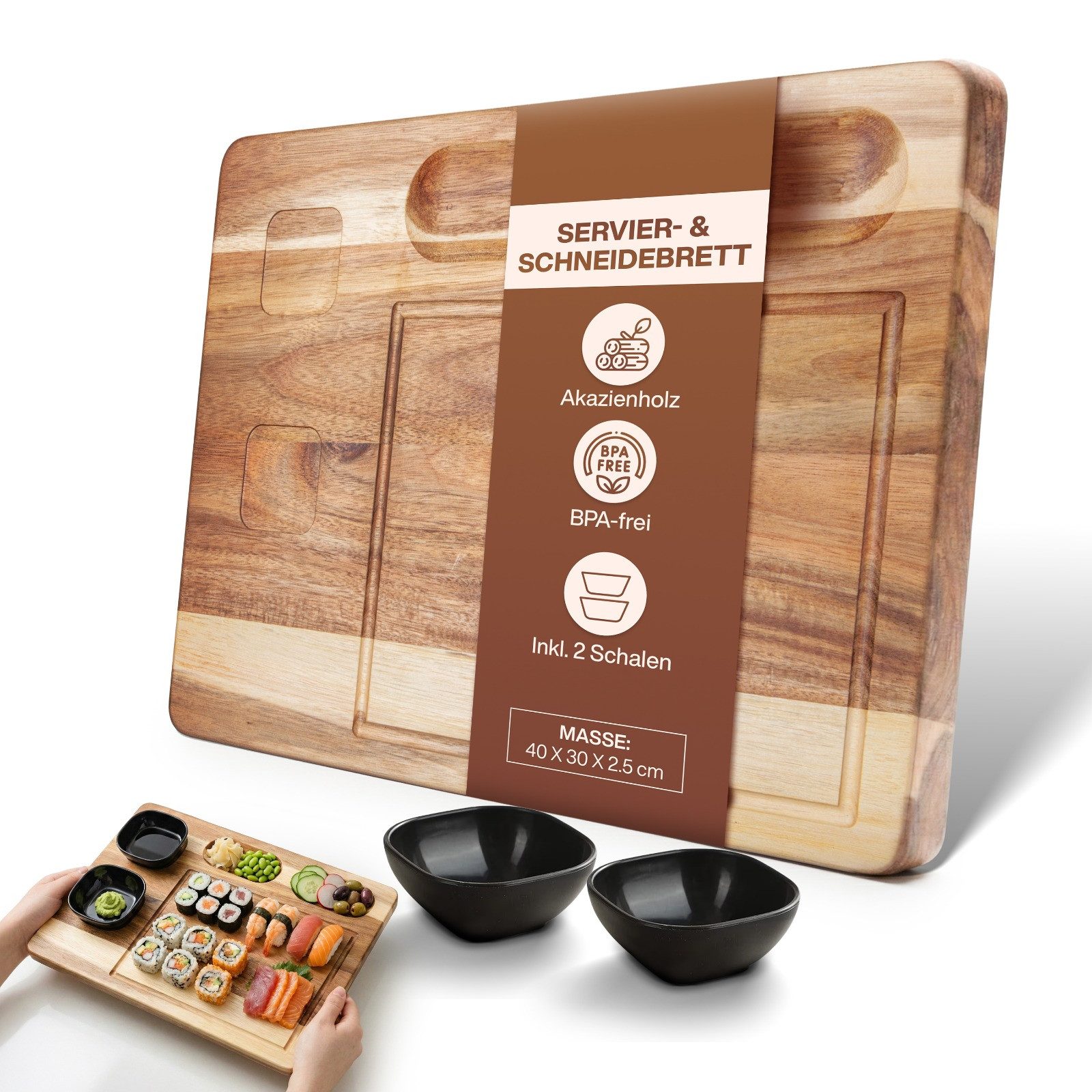 PEGSEN Servierbrett 2in1 Servierplatte & Schneidebrett aus Holz mit Saftrille, 40x30cm, Akazienholz, (Set, 3-St., Schneidebrett + 2 Schalen), Präsentation von Speisen wie Sushi, Käse, Tapas oder Antipasti