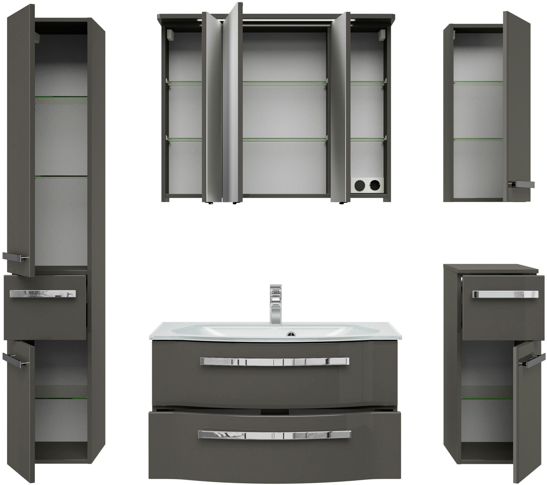 Saphir Badmöbel-Set Serie 4005, vormontiert, Glaswaschbecken, Spiegelschrank, (Set, 6-St), Badezimmer-Set mit Unterschrank, Hängeschrank, Hochschrank, Türdämpfer