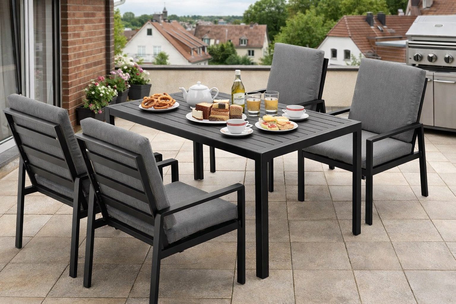 MeXo Gartenlounge-Set Gartenmöbel Set aus Aluminium mit Esstisch, (wetterfest, hoher Sitzkomfort, 5-tlg., bis 140 kg belastbar), mit pflegeleichte Polywood-Tischplatte, geeignet für 4 Personen
