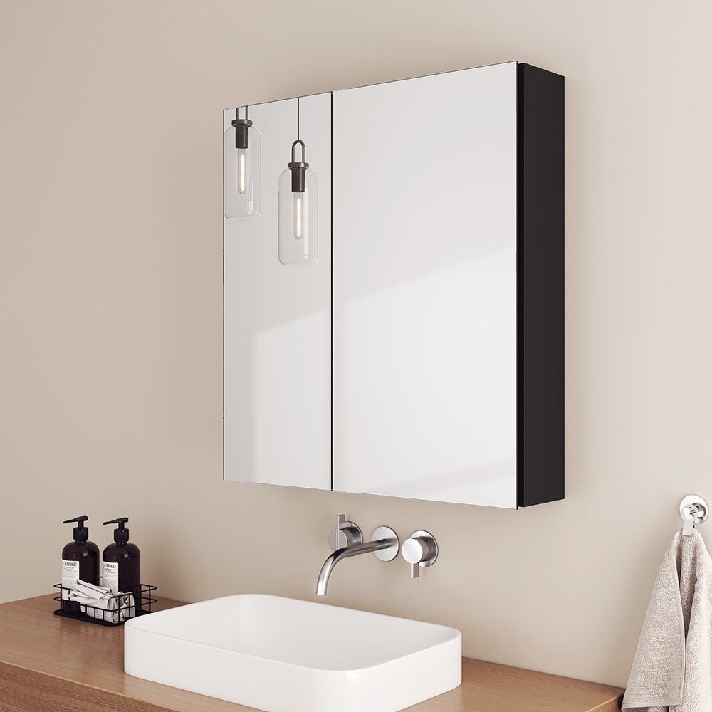 EMKE Spiegelschrank 60X65cm Badezimmer Spiegelschrank Verstellbare Trennwand Badschrank mit Doppelseitigem Spiegel schwarz | Spiegelschränke