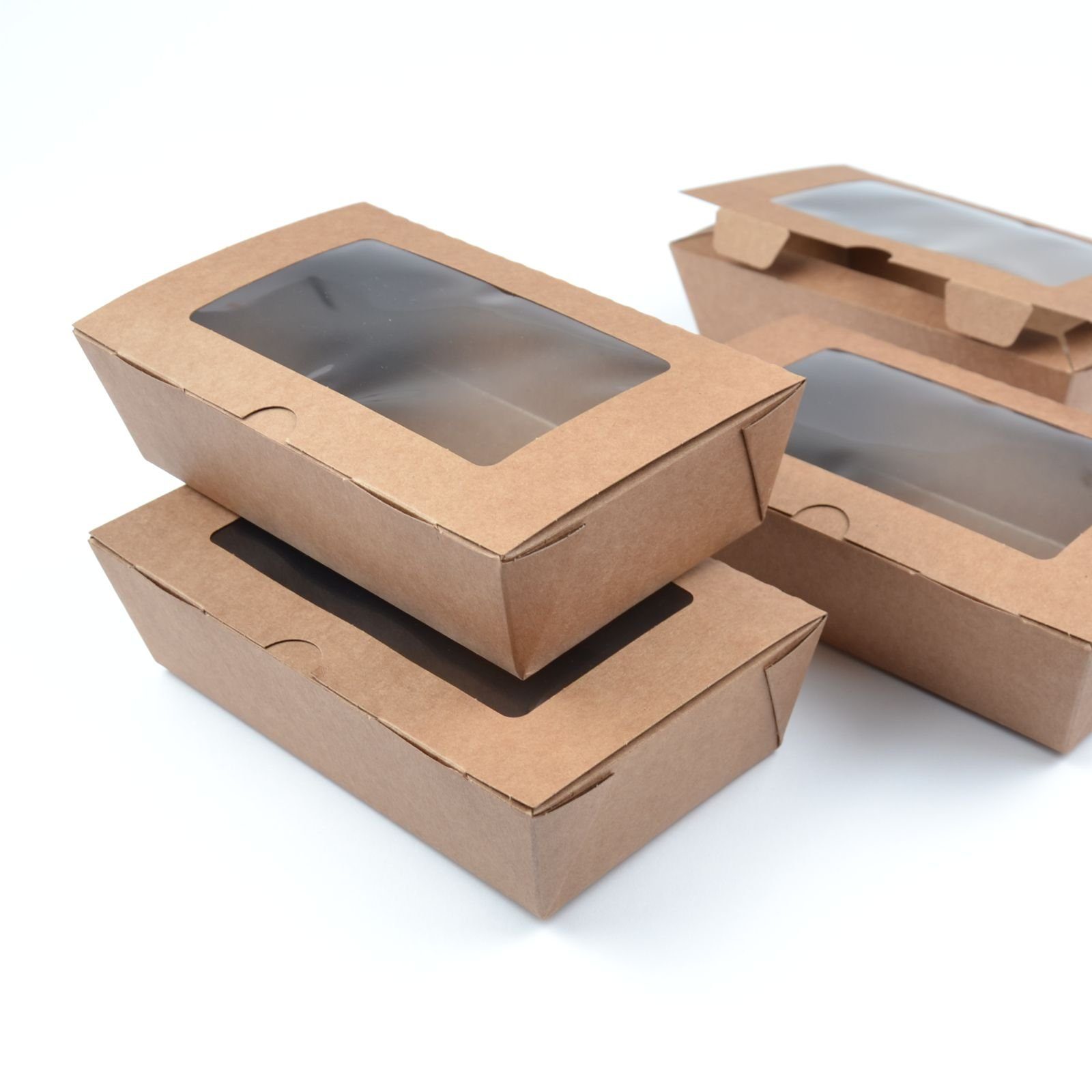 Einwegschale 200 Stück Fast Food Boxen mit Fenster (Größe M), (180×115×60 mm), kraft, mit Sichtfenster Finger Food Box Foodcase Snackbox Take Away
