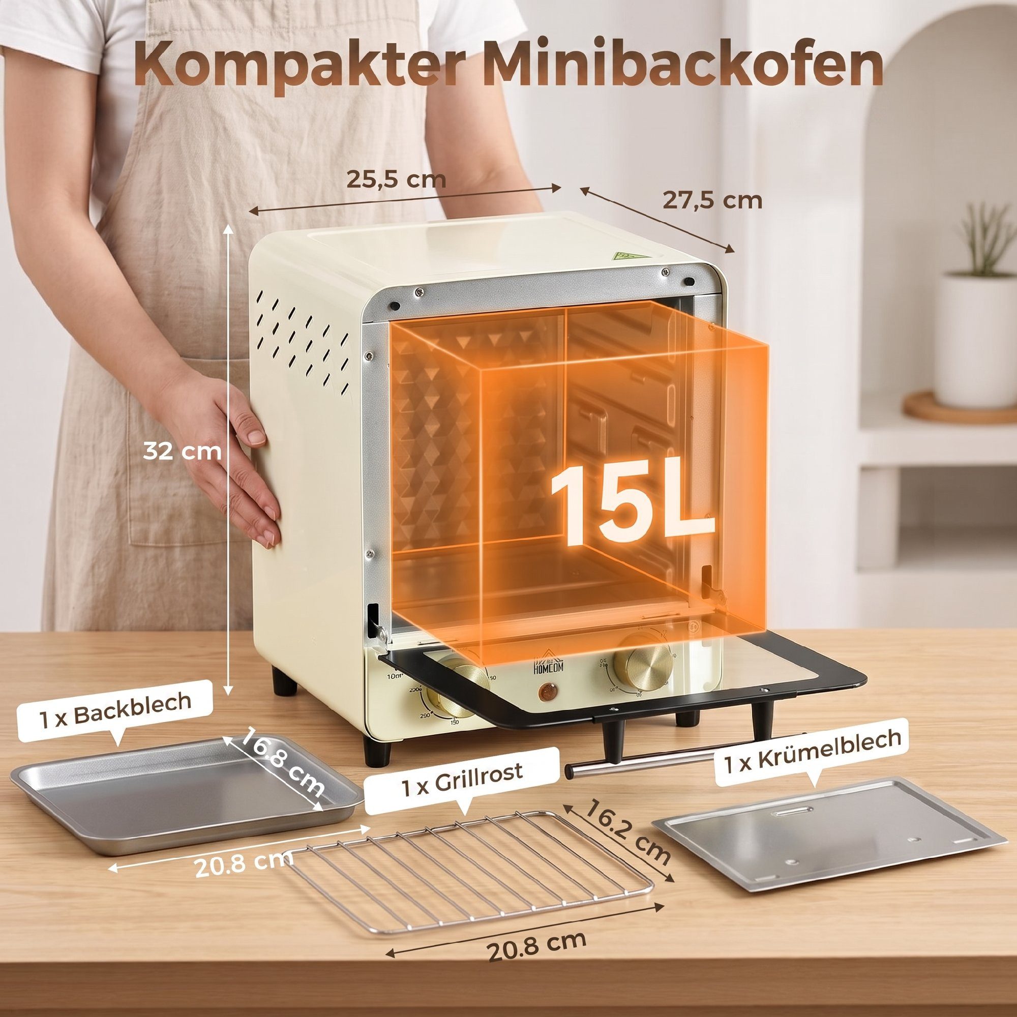 HOMCOM Minibackofen Backofen 10 L 750W 100-230℃ mit Backblech Pizza-Ofen, zum Grillen, Backen, Toasten, Cremeweiß